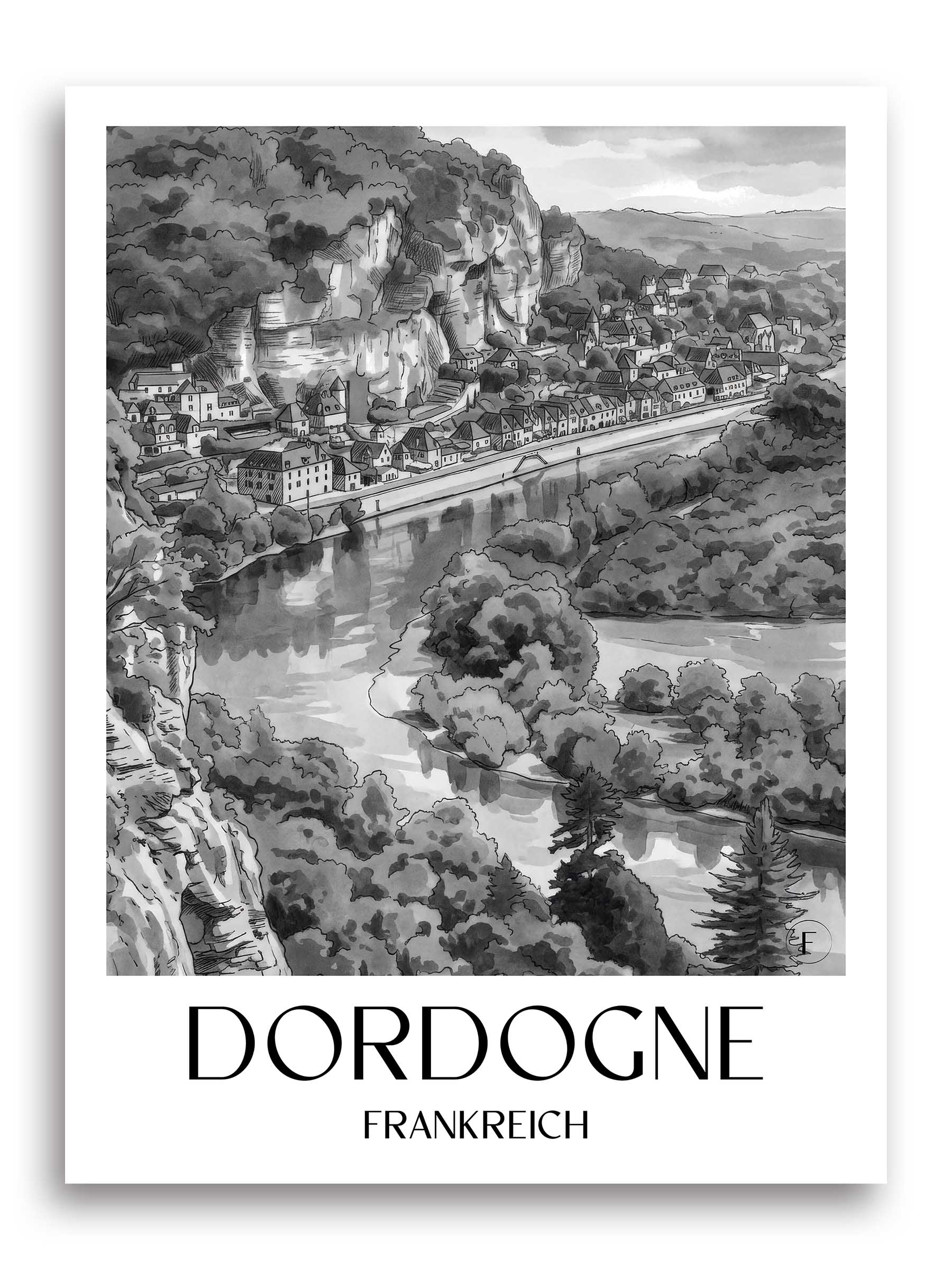 dordogne-frankreich-poster-aquarell-schwarz-weiss