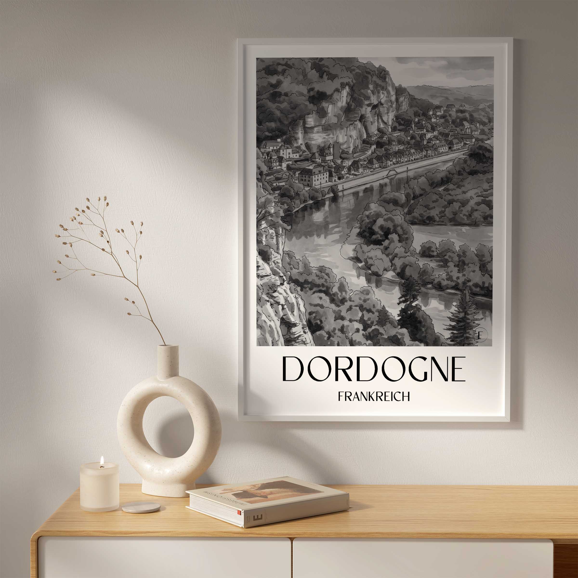 dordogne-frankreich-poster-aquarell-schwarz-weiss