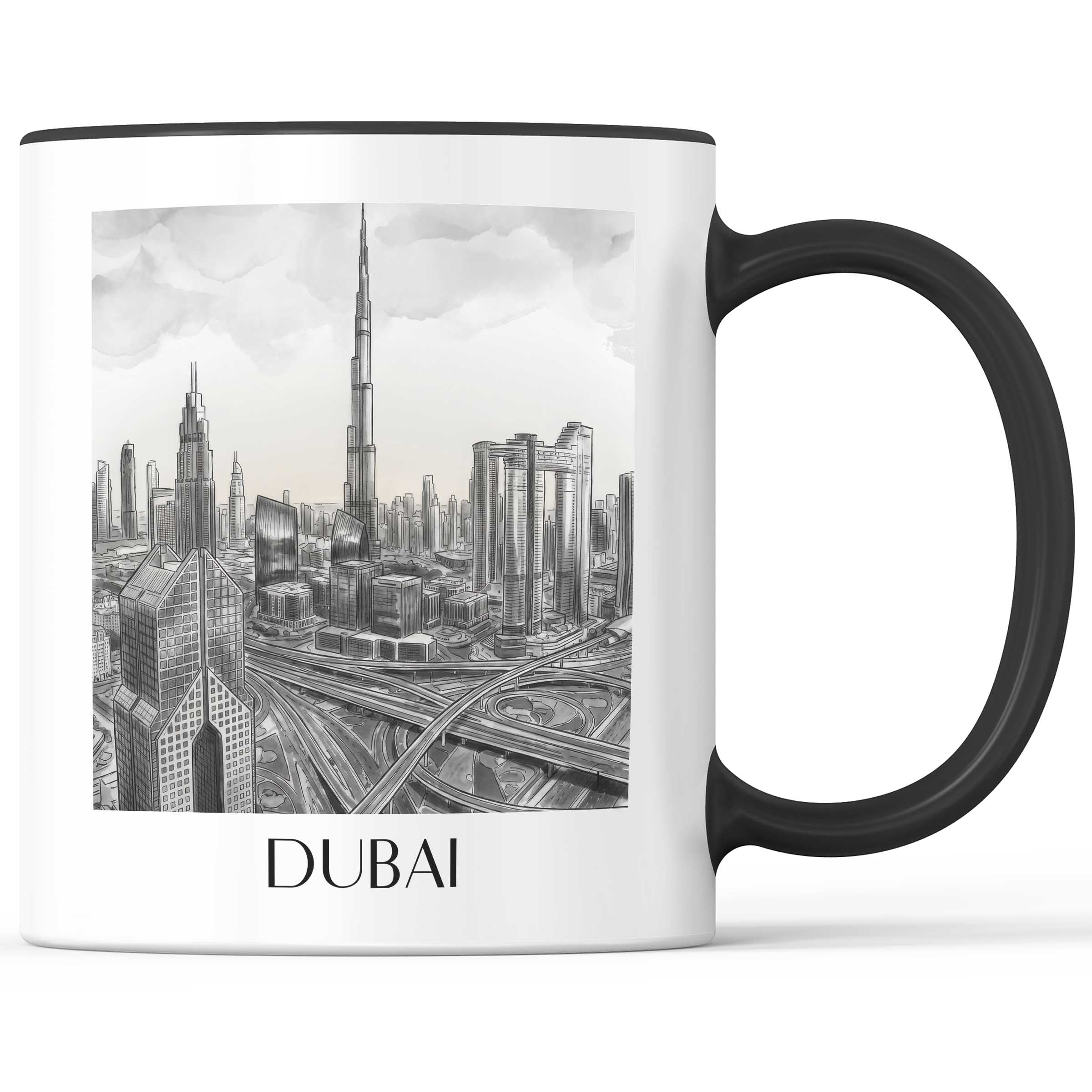 dubai-vereinigte-arabische-emirate-kaffeebecher-aquarell-schwarz-weiss