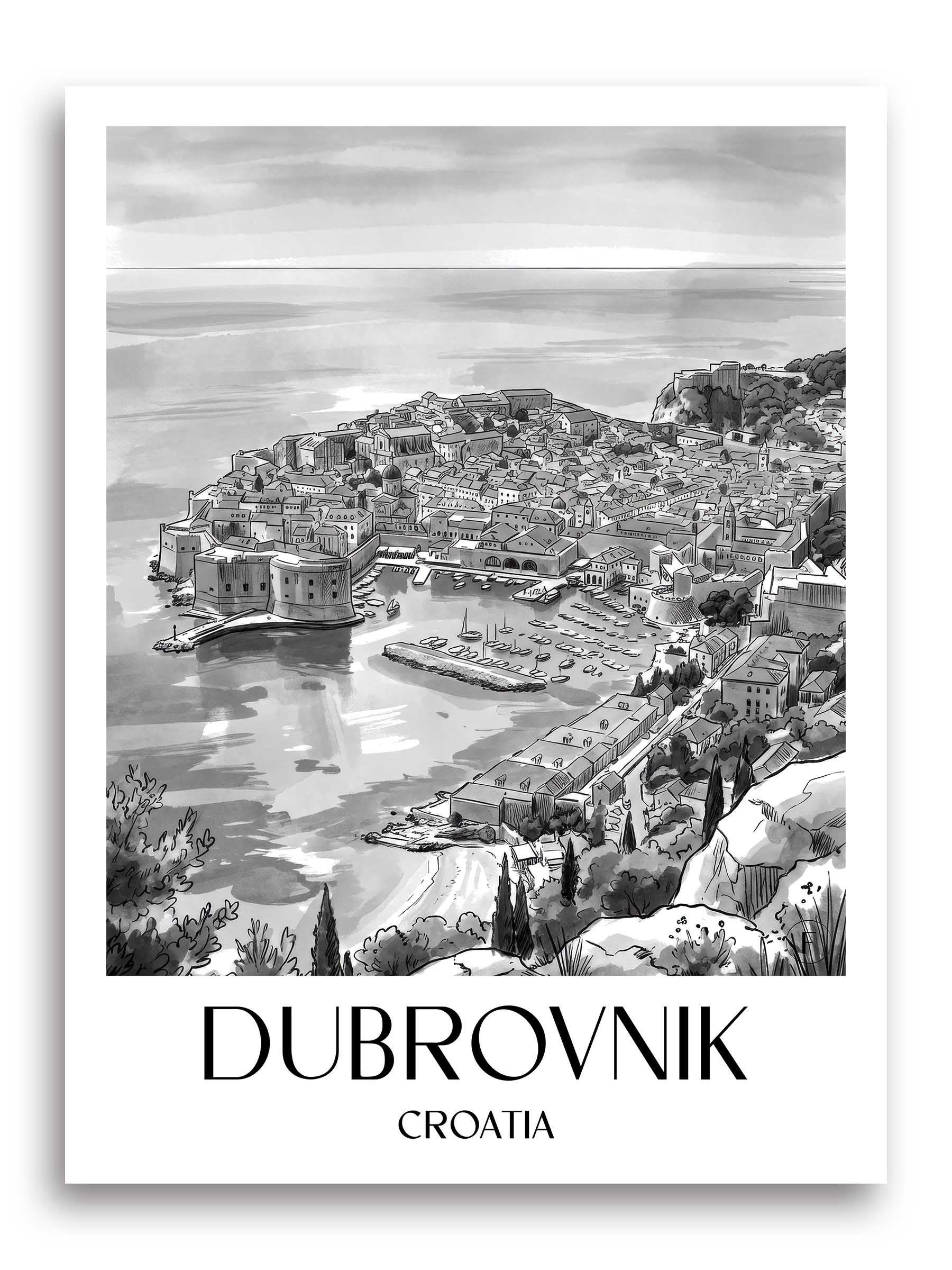 Dubrovnik Poster - - Kroatien Kunstdruck - Aquarell Schwarz-Weiß von A4 bis A1 - favplace