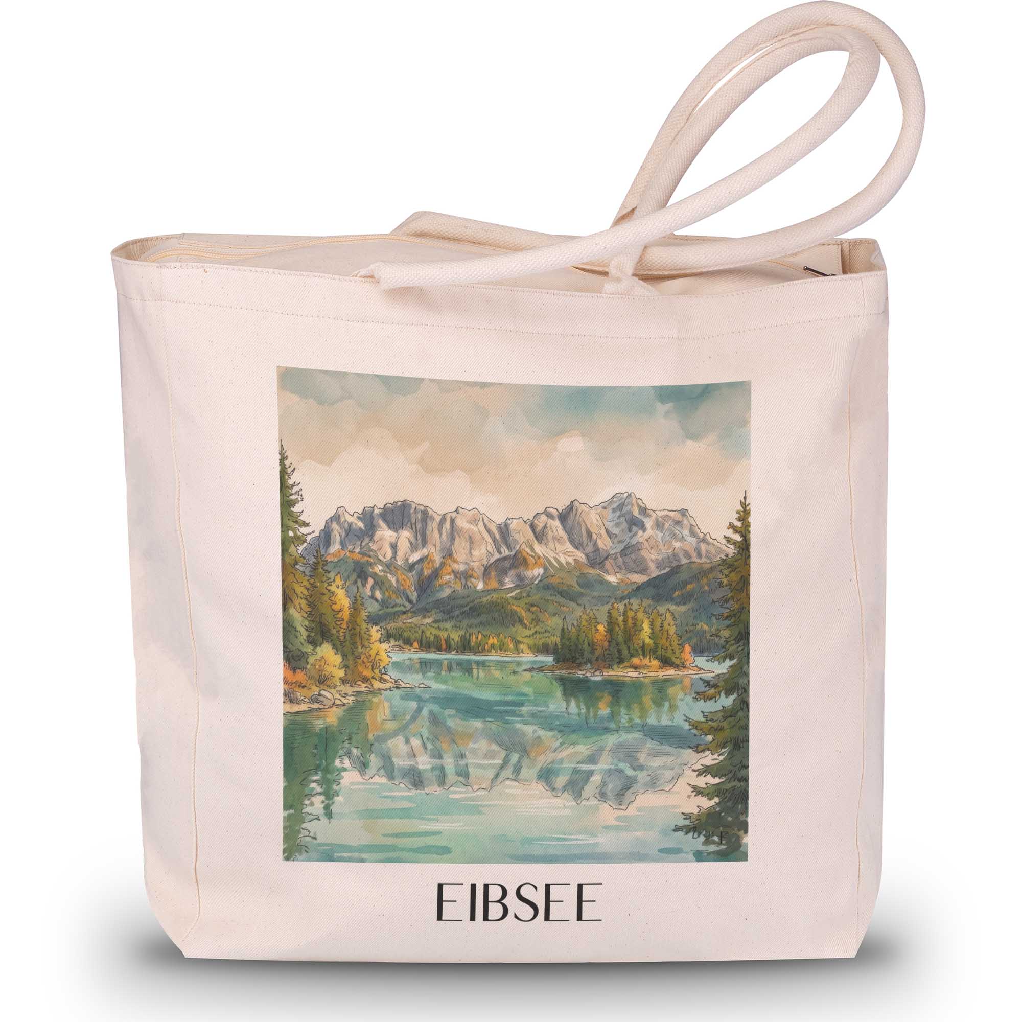 eibsee-wettersteingebirge-deutschland-einkaufstasche-aquarell