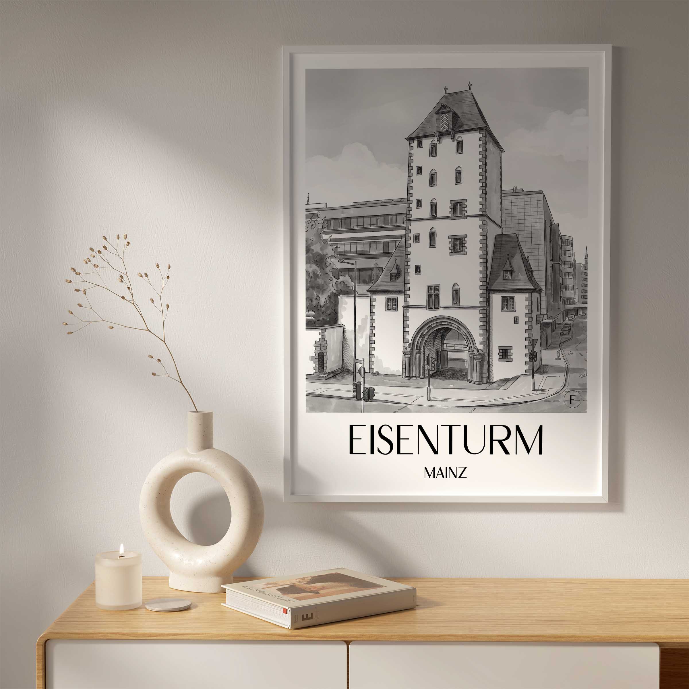 eisenturm-mainz-deutschland-poster-aquarell-schwarz-weiss