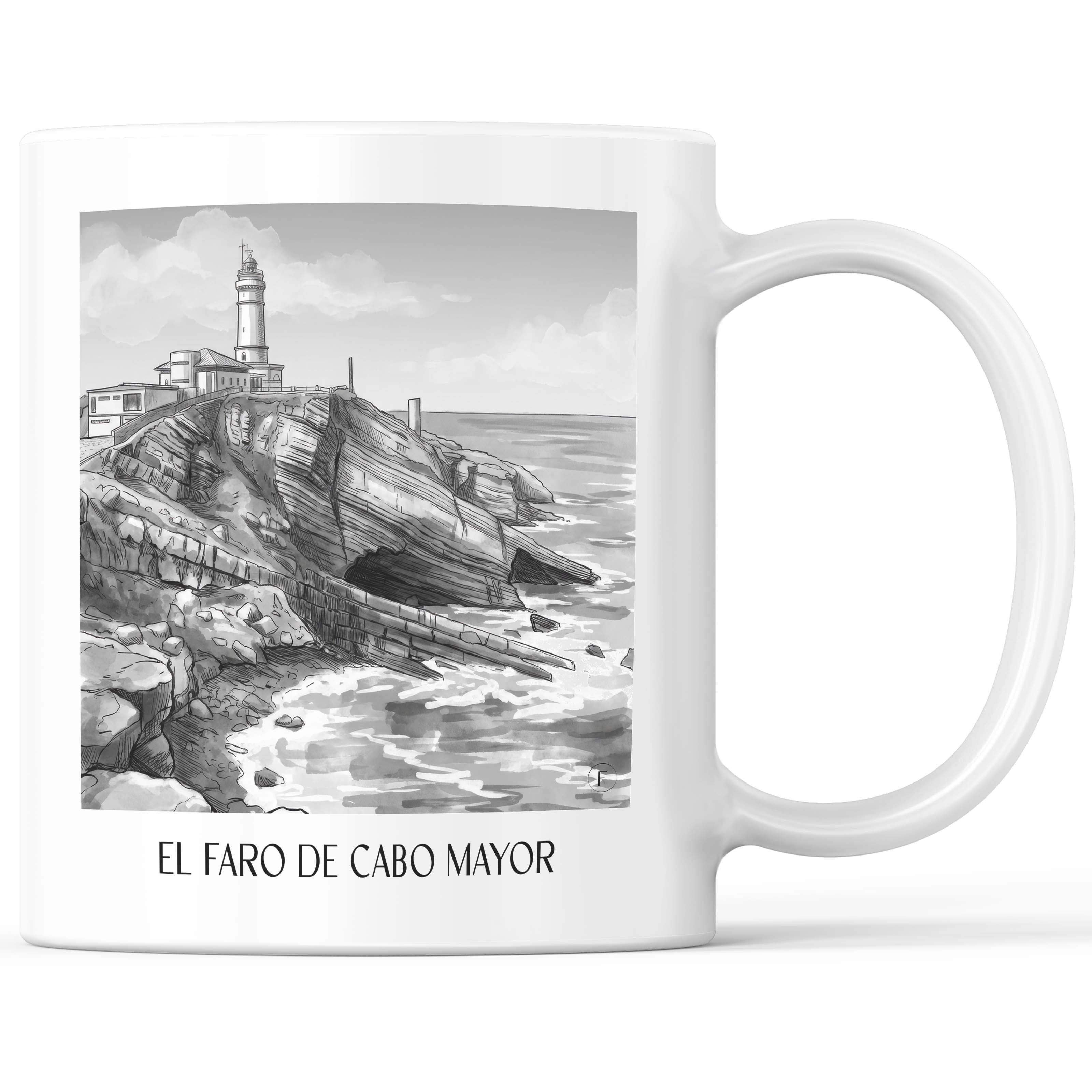 El Faro de Cabo Mayor Kaffeebecher - Santander - Spanien Becher - Kaffeetasse im Aquarell Schwarz-Weiß Stil - favplace