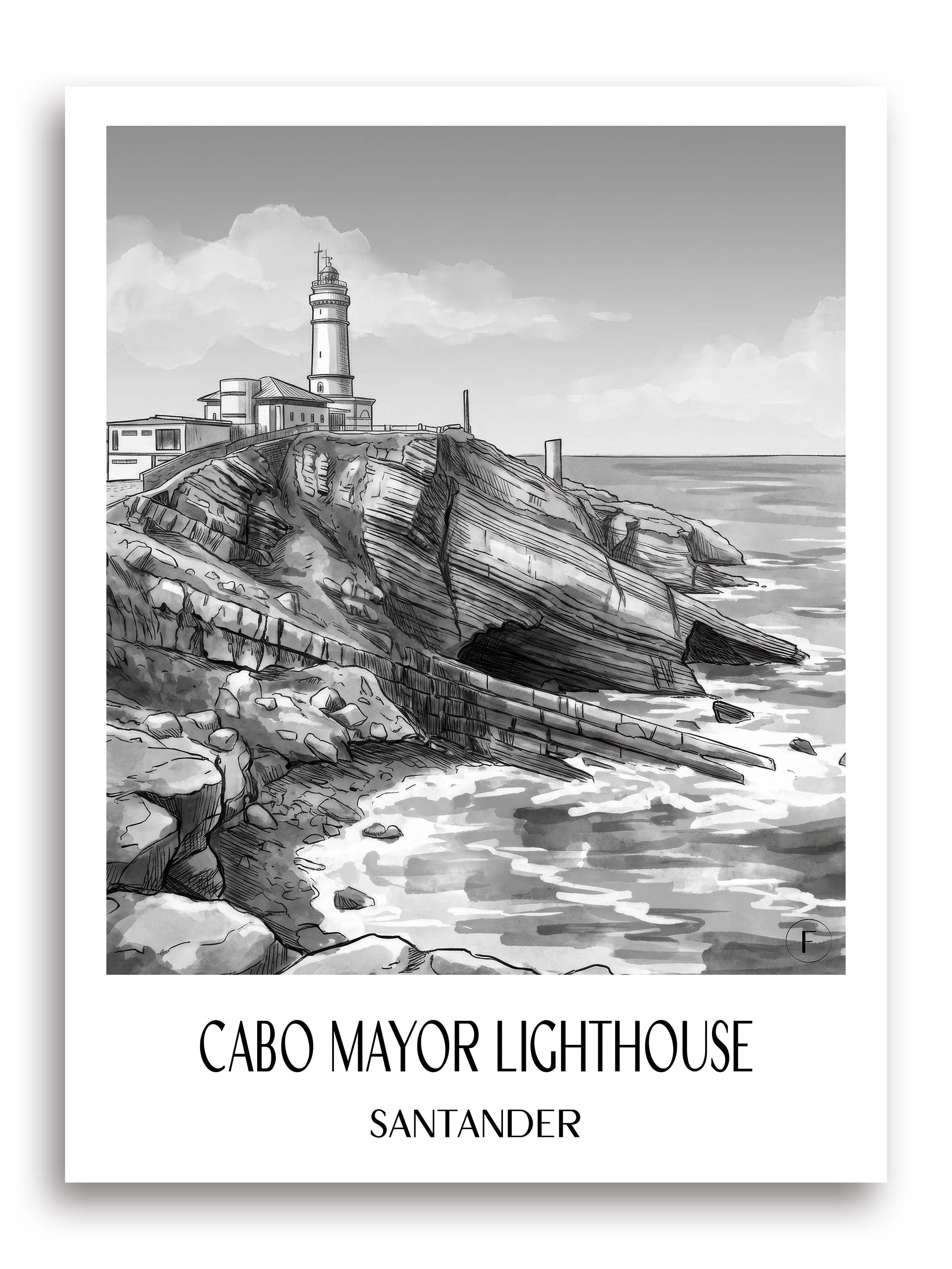 El Faro de Cabo Mayor Poster - Santander - Spanien Kunstdruck - Aquarell Schwarz-Weiß von A4 bis A1 - favplace