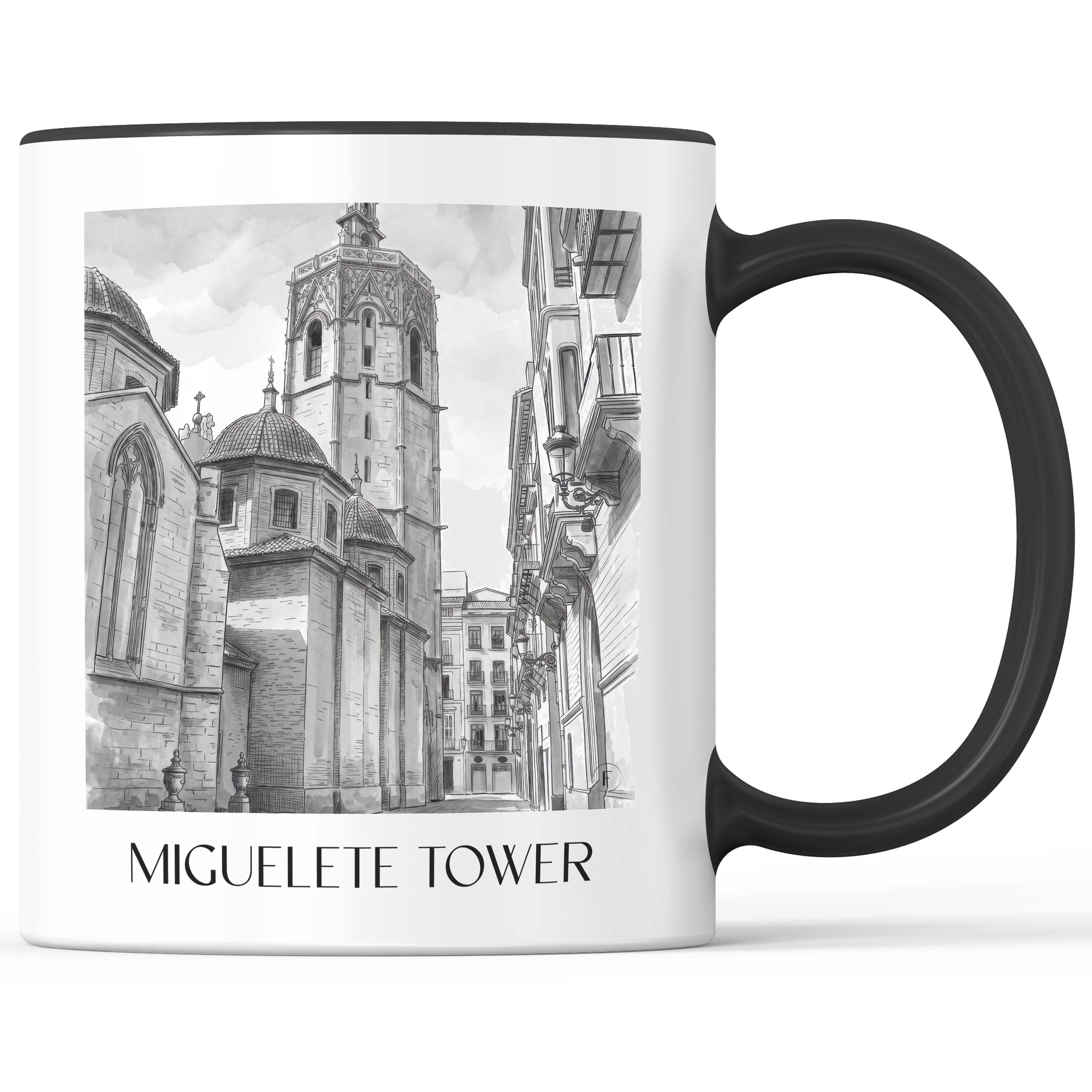 El Micalet Kaffeebecher - Valencia - Spanien Becher - Kaffeetasse im Aquarell Schwarz-Weiß Stil - favplace
