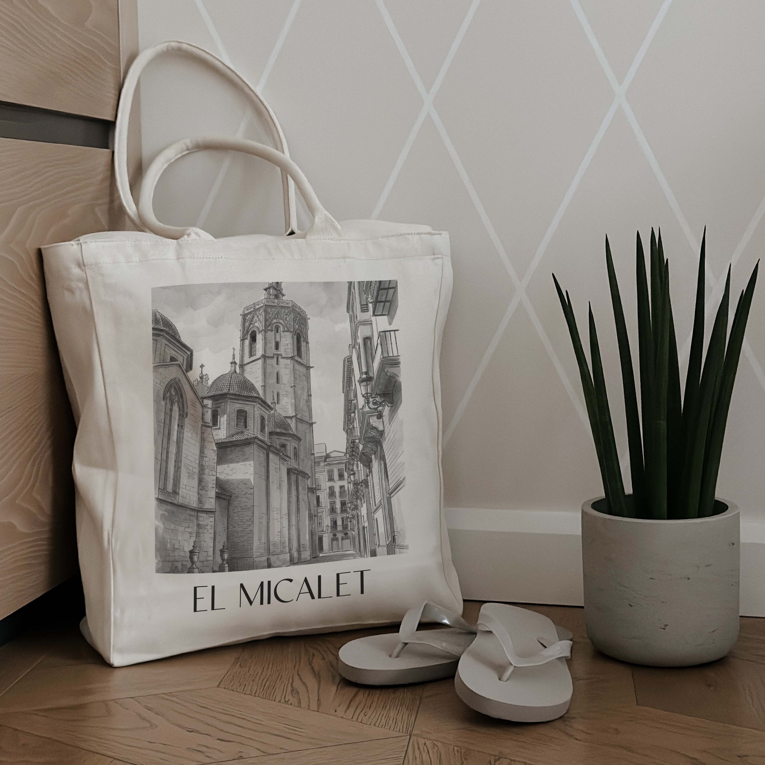 el-micalet-valencia-spanien-einkaufstasche-aquarell-schwarz-weiss