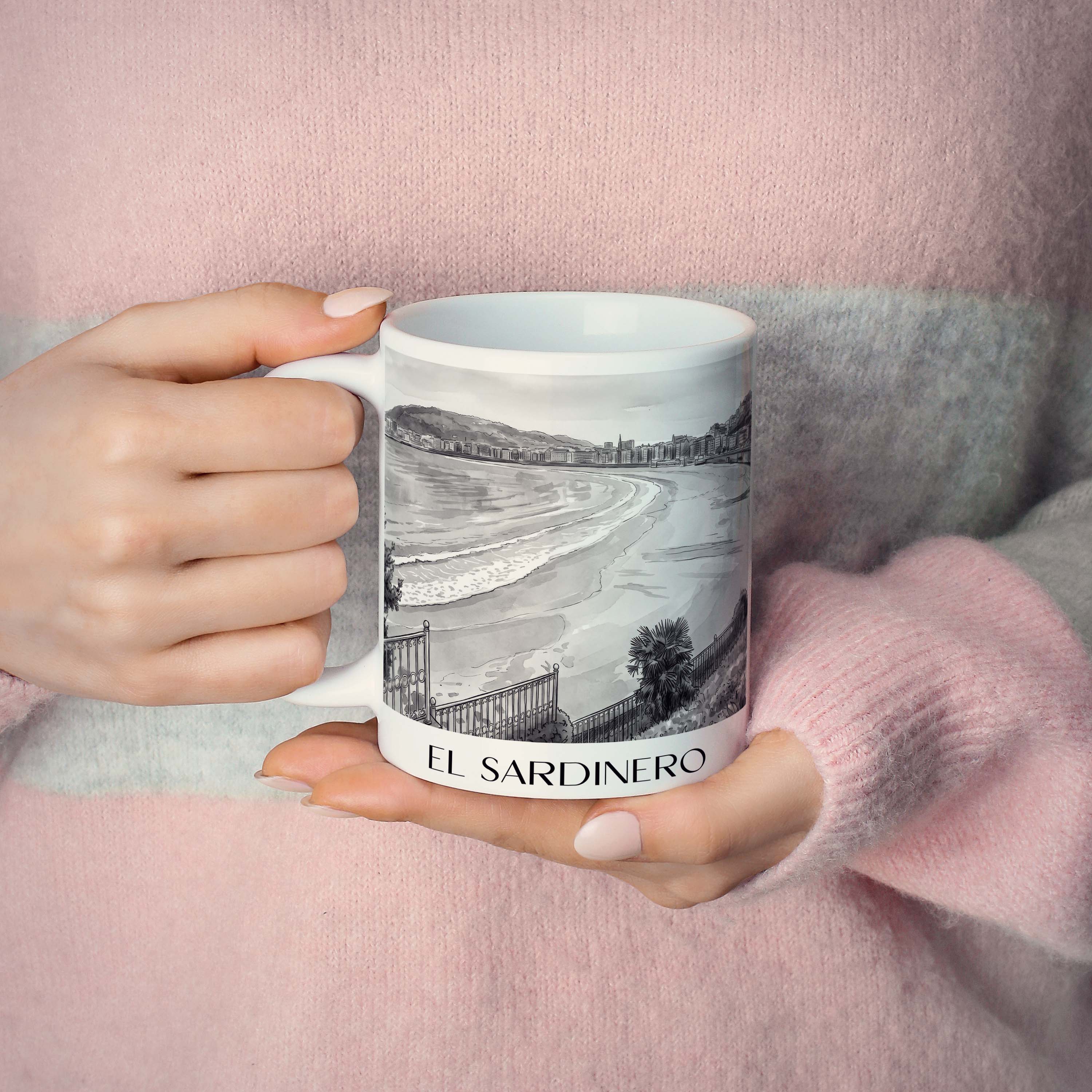 el-sardinero-santander-spanien-kaffeebecher-aquarell-schwarz-weiss