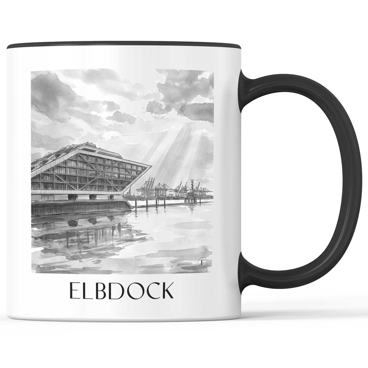 Elbdock Kaffeebecher - Hamburg - Deutschland Becher - Kaffeetasse im Aquarell Schwarz-Weiß Stil - favplace