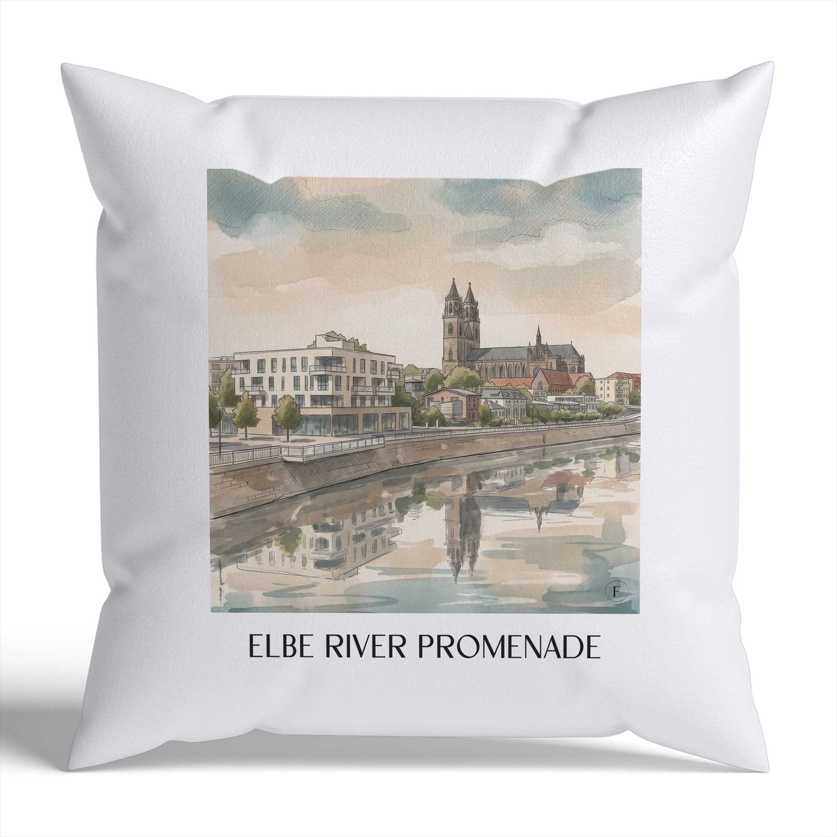 Elbuferpromenade Kissenhülle - Zierkissen Bezug - Magdeburg - Deutschland Kissen bzw. Kissenbezug im Aquarell Stil - favplace