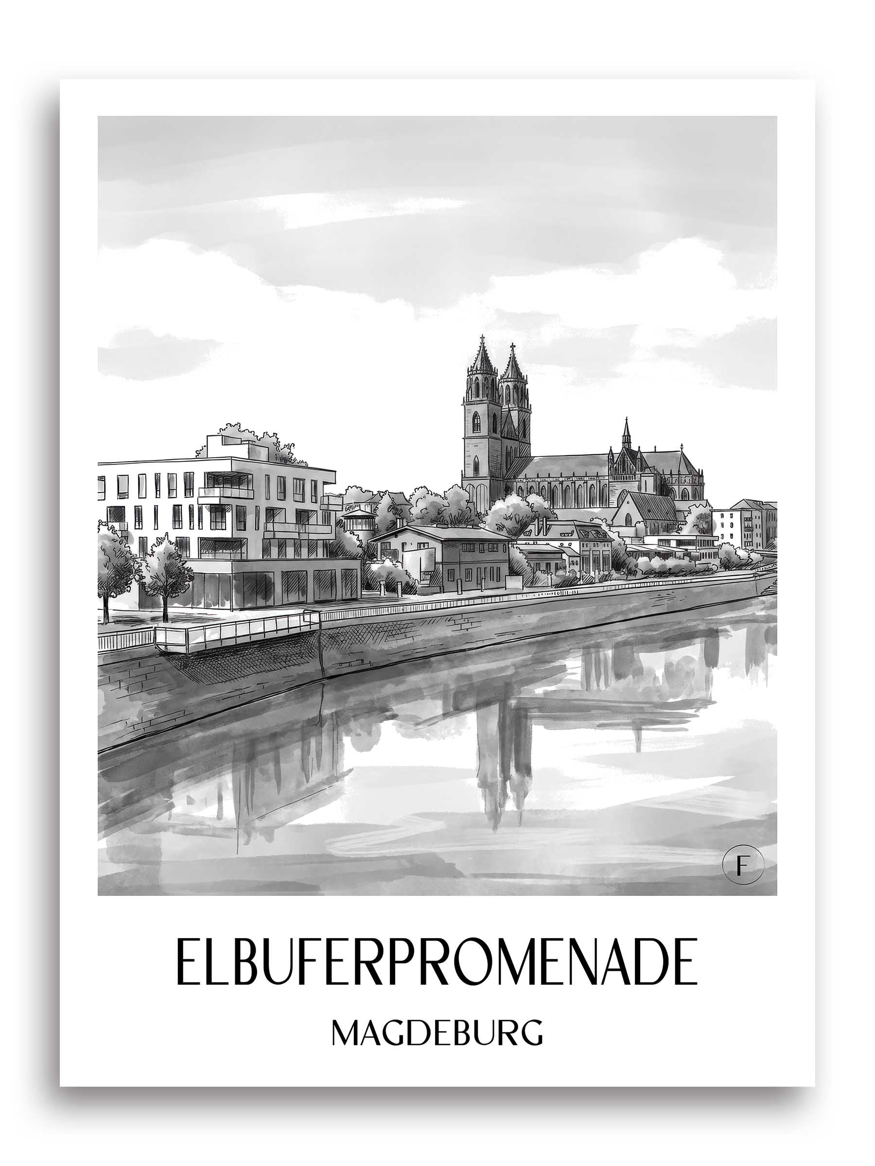 elbuferpromenade-magdeburg-deutschland-poster-aquarell-schwarz-weiss