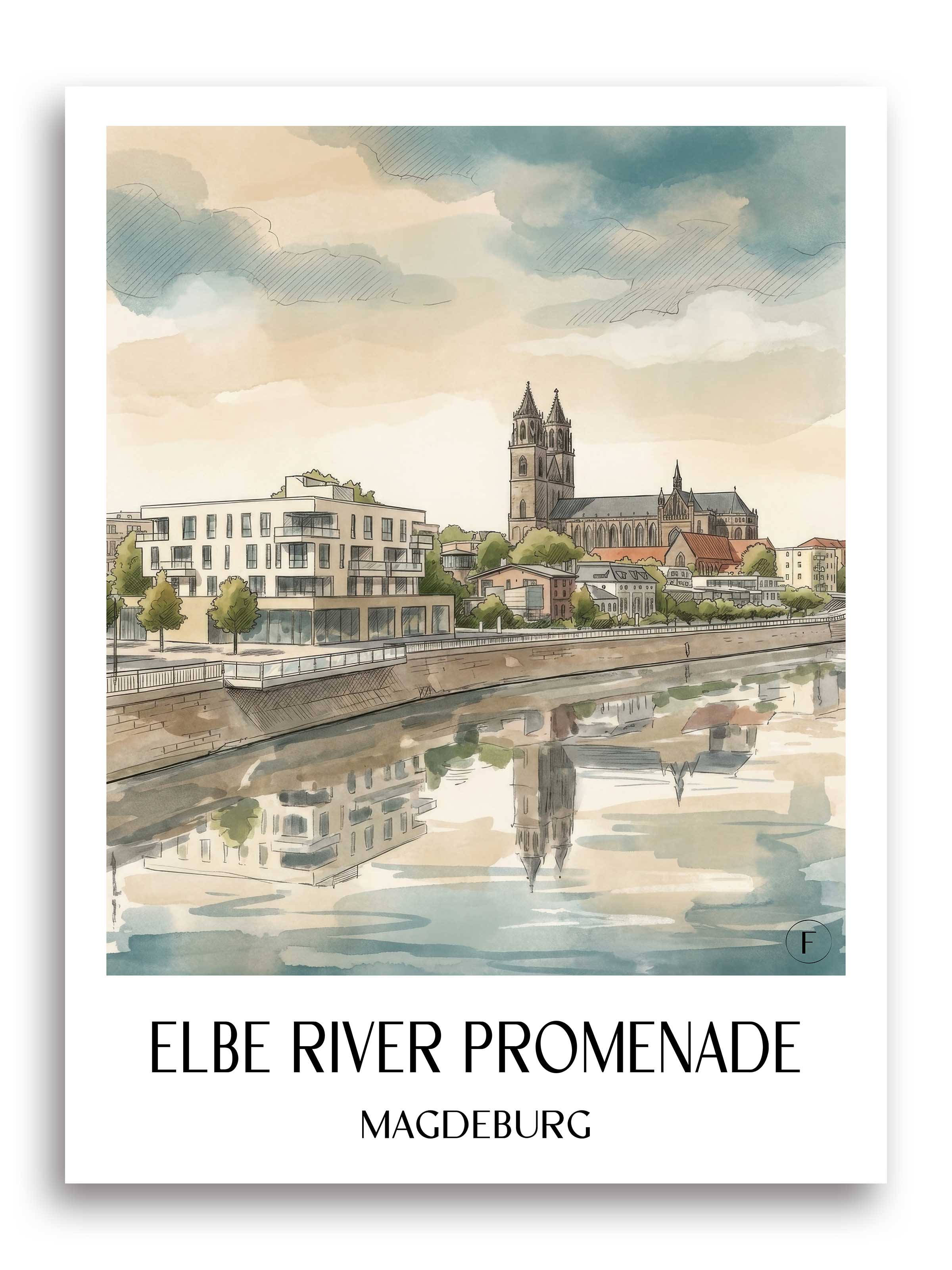 Elbuferpromenade Poster - Magdeburg - Deutschland Kunstdruck - Aquarell von A4 bis A1 - favplace