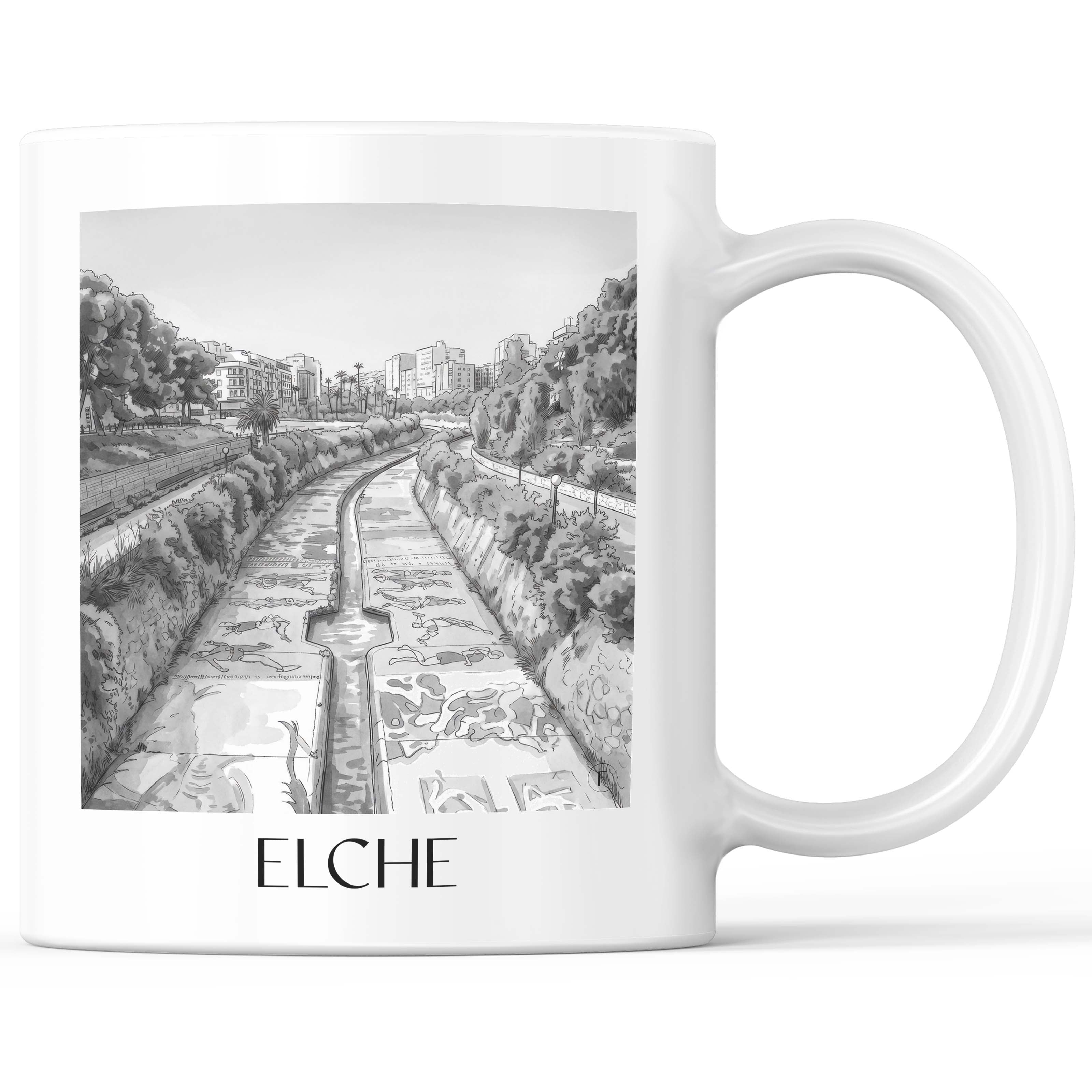 Elche Kaffeebecher - Spanien - Spanien und Spanien Becher - Kaffeetasse im Aquarell Schwarz-Weiß Stil - favplace