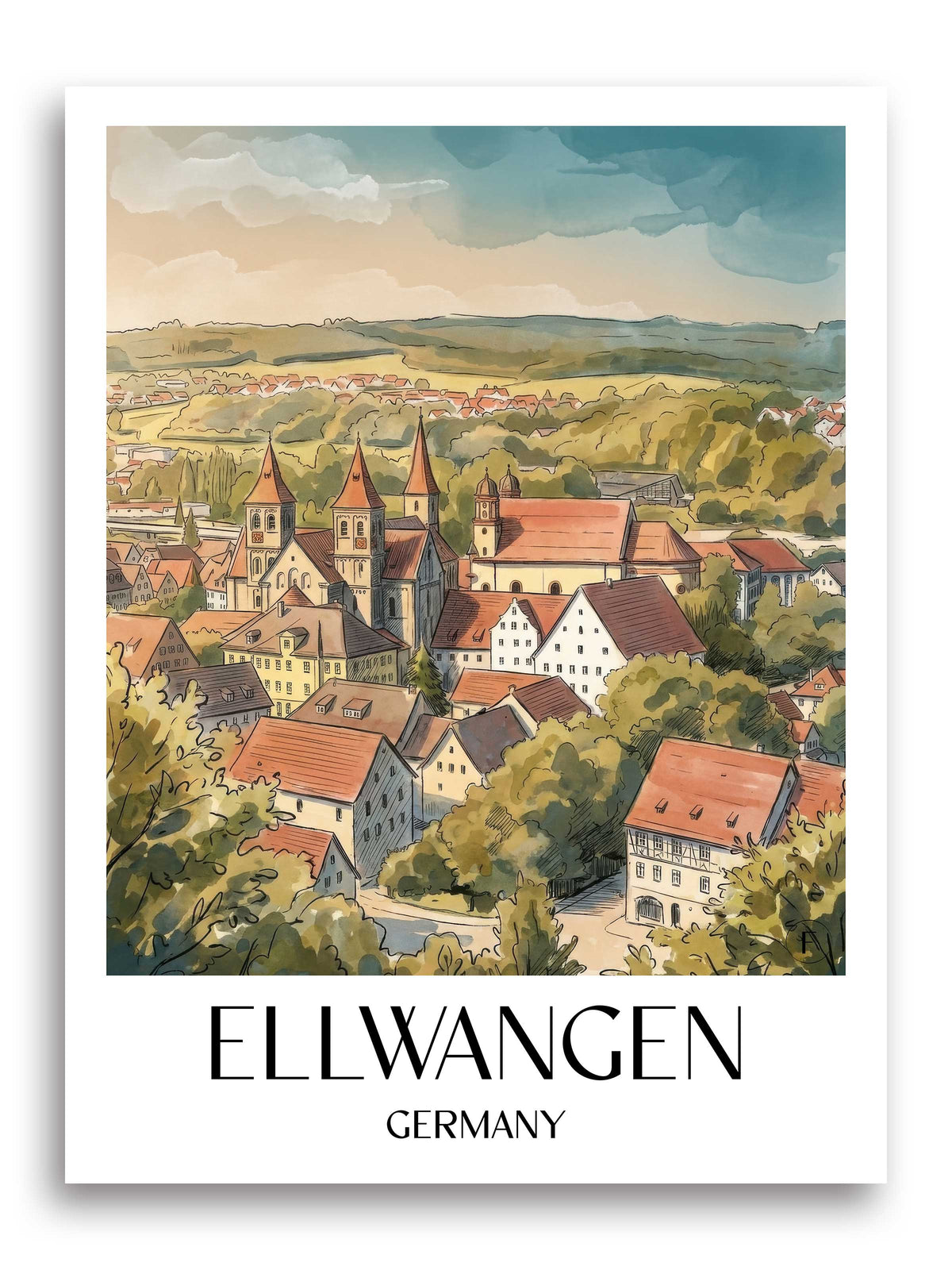 Ellwangen Poster - Ostwürttemberg - Deutschland Kunstdruck - Aquarell von A4 bis A1 - favplace