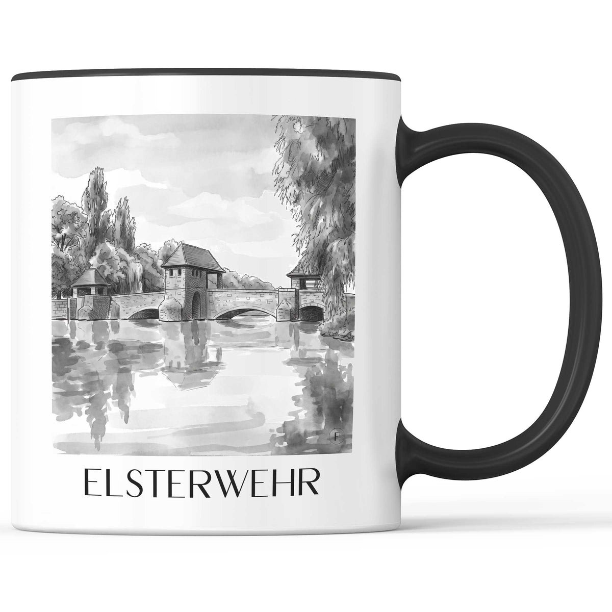 Elsterwehr Kaffeebecher - Leipzig - Deutschland Becher - Kaffeetasse im Aquarell Schwarz-Weiß Stil - favplace