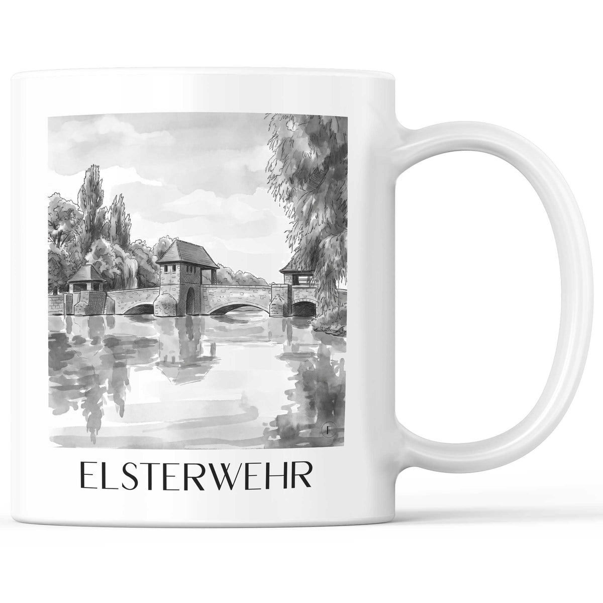 Elsterwehr Kaffeebecher - Leipzig - Deutschland Becher - Kaffeetasse im Aquarell Schwarz-Weiß Stil - favplace