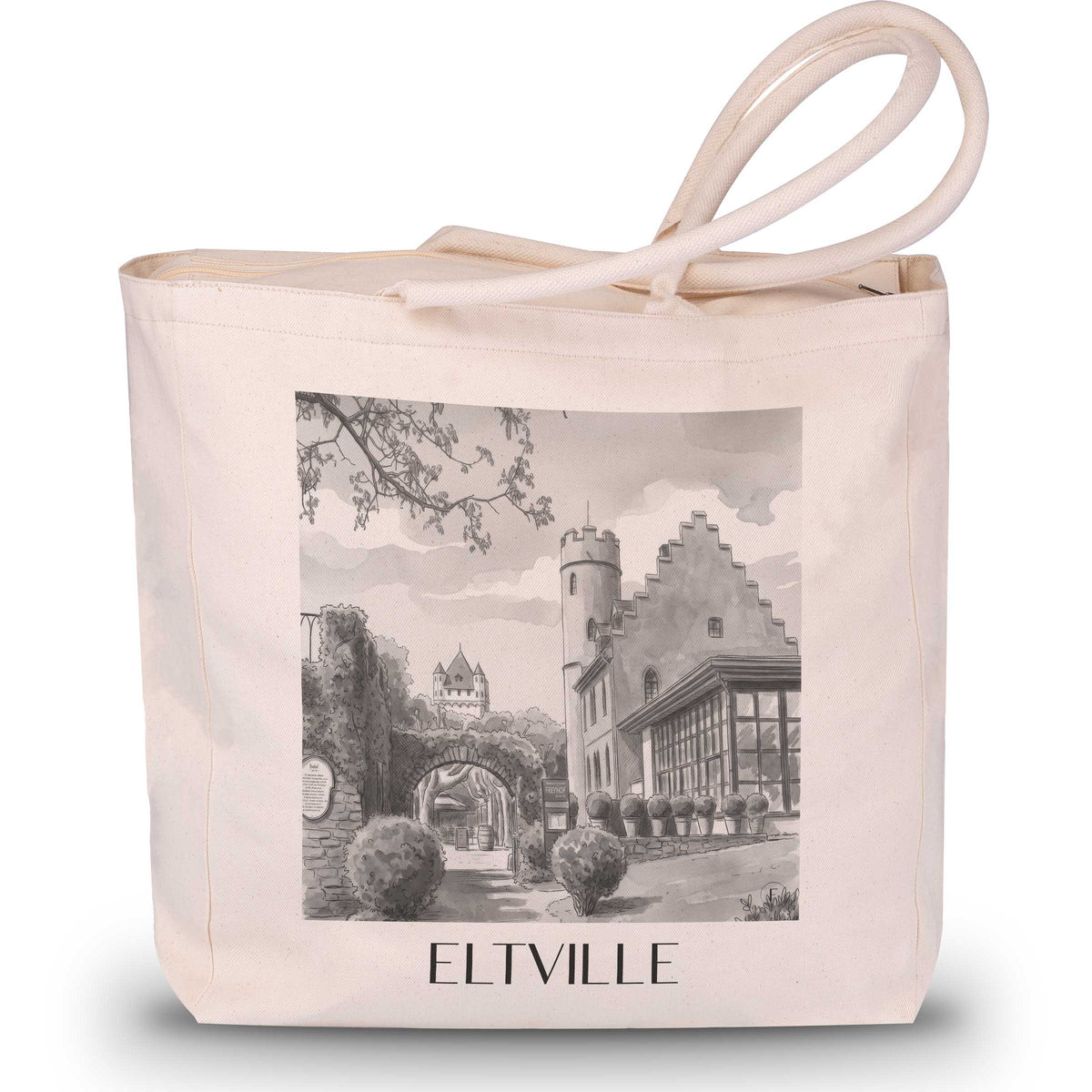Eltville Shopping Tasche - Rheingau - Deutschland Tote Bag - Einkaufstasche im Aquarell Schwarz-Weiß Stil - favplace