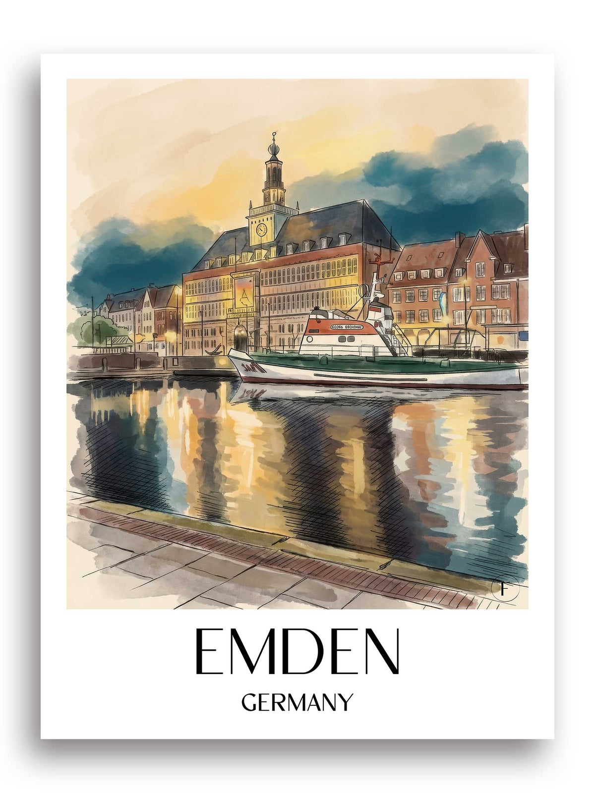Emden (bei Nacht) Poster - Ostfriesland - Deutschland Kunstdruck - Aquarell von A4 bis A1 - favplace