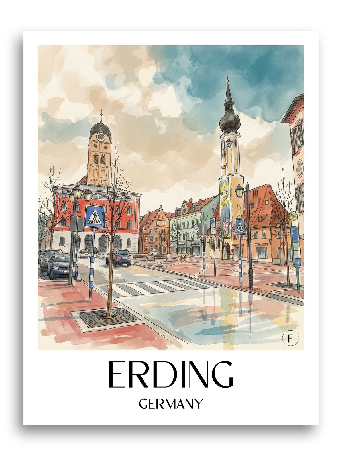 Erding Poster - Oberbayern - Deutschland Kunstdruck - Aquarell von A4 bis A1 - favplace