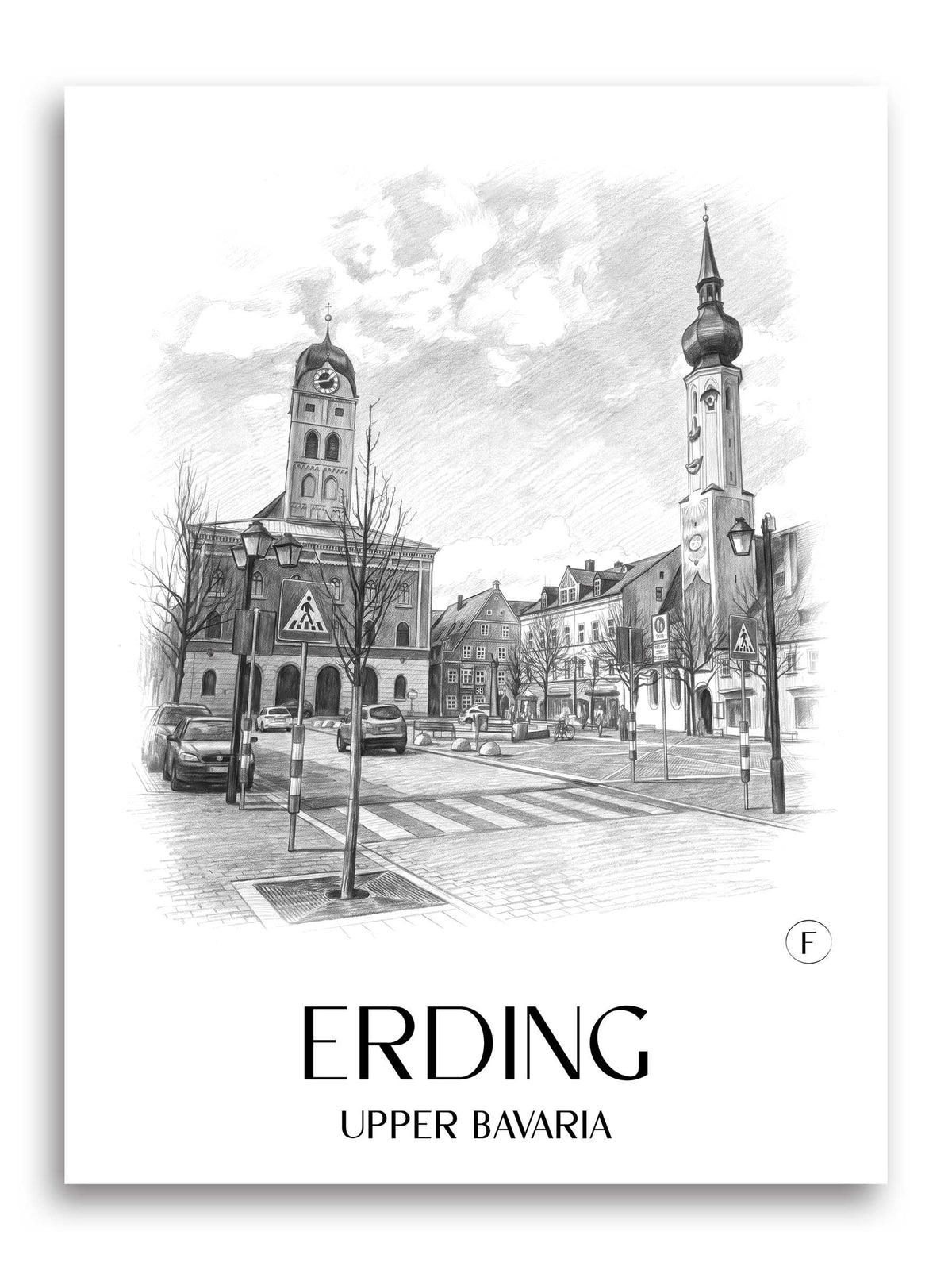 Erding Poster - Oberbayern - Deutschland Kunstdruck - Zeichnung von A4 bis A1