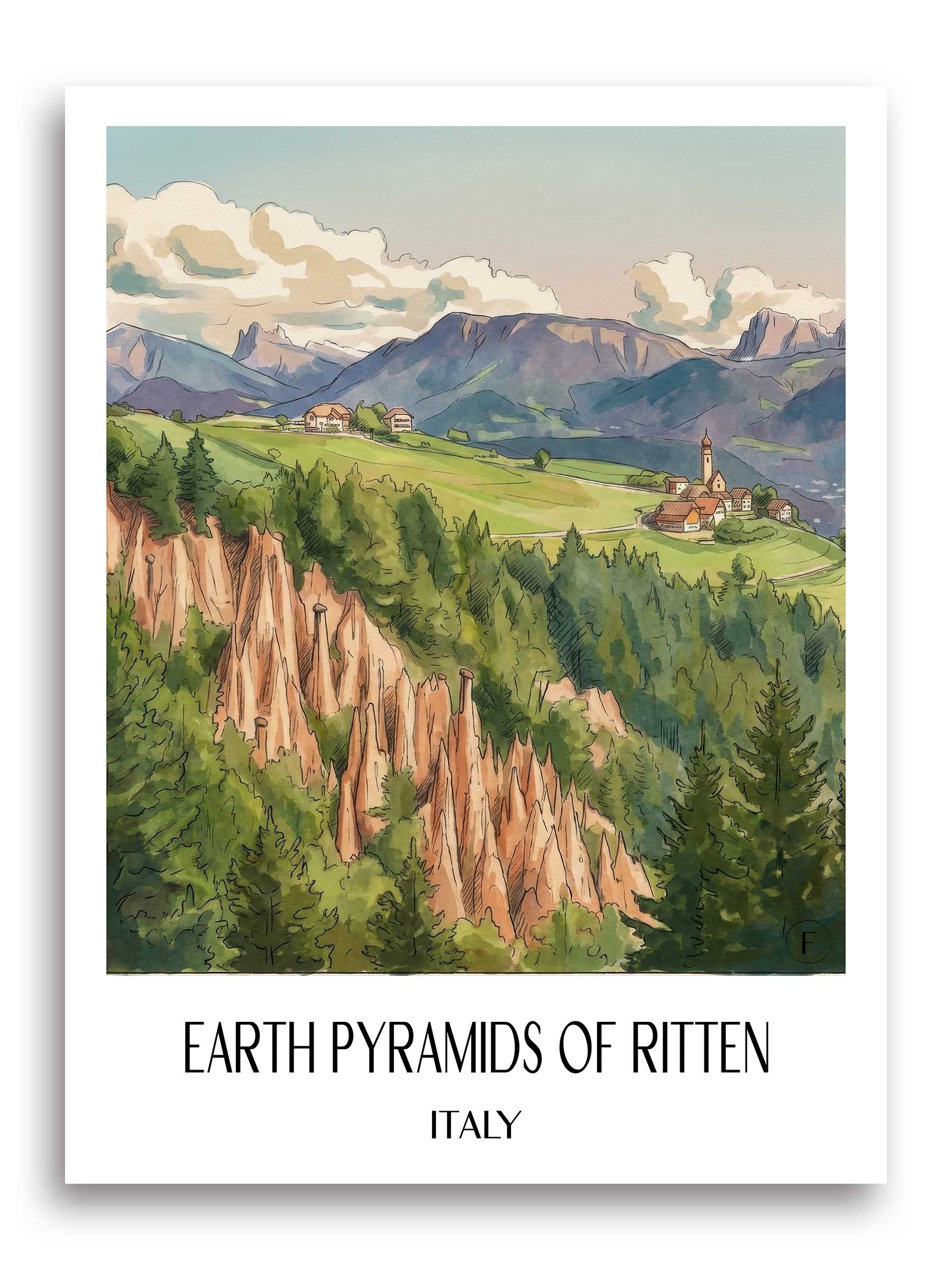 Erdpyramiden von Ritten Poster - Südtirol - Italien Kunstdruck - Aquarell von A4 bis A1 - favplace