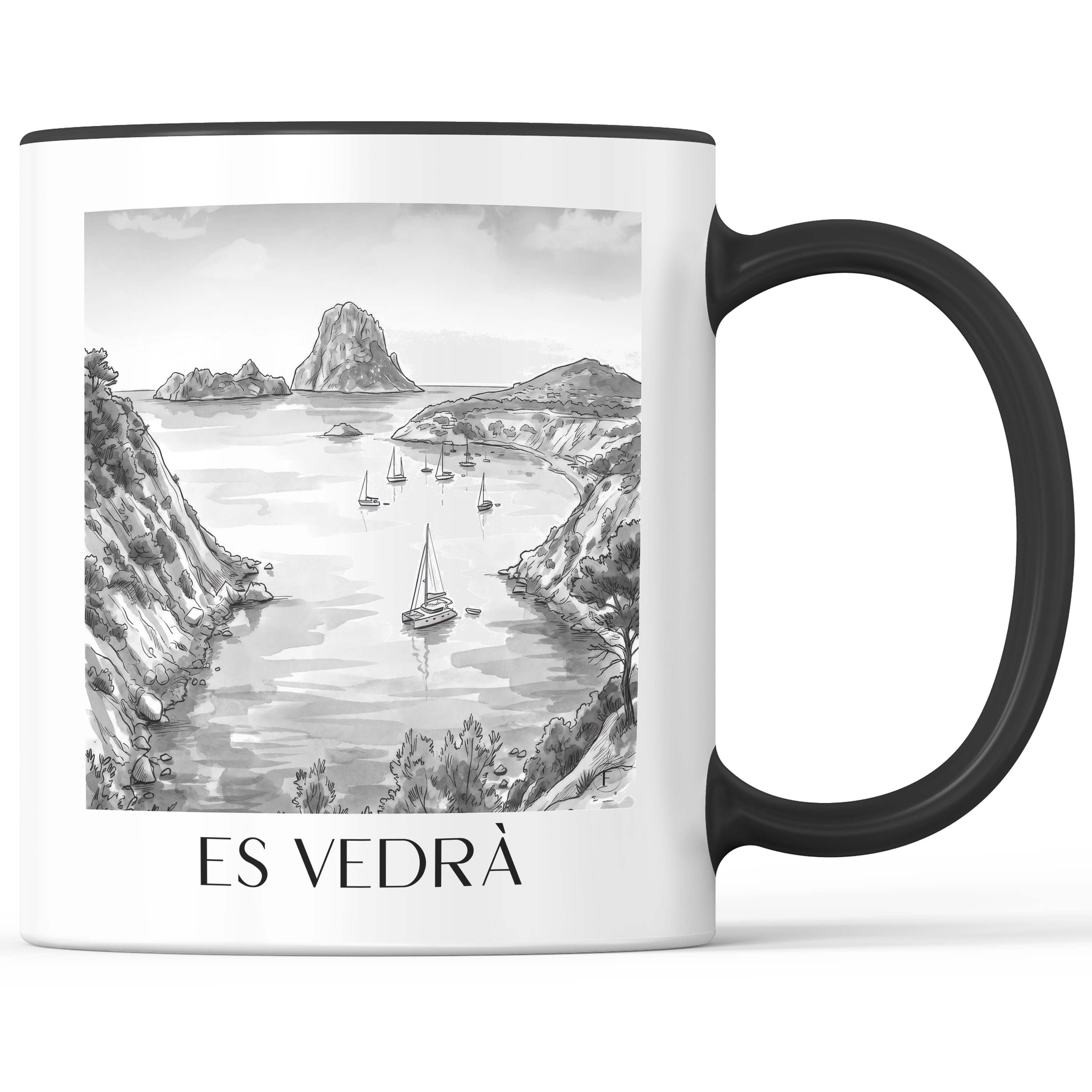 Es Vedrà Kaffeebecher - Ibiza - Spanien Becher - Kaffeetasse im Aquarell Schwarz-Weiß Stil - favplace