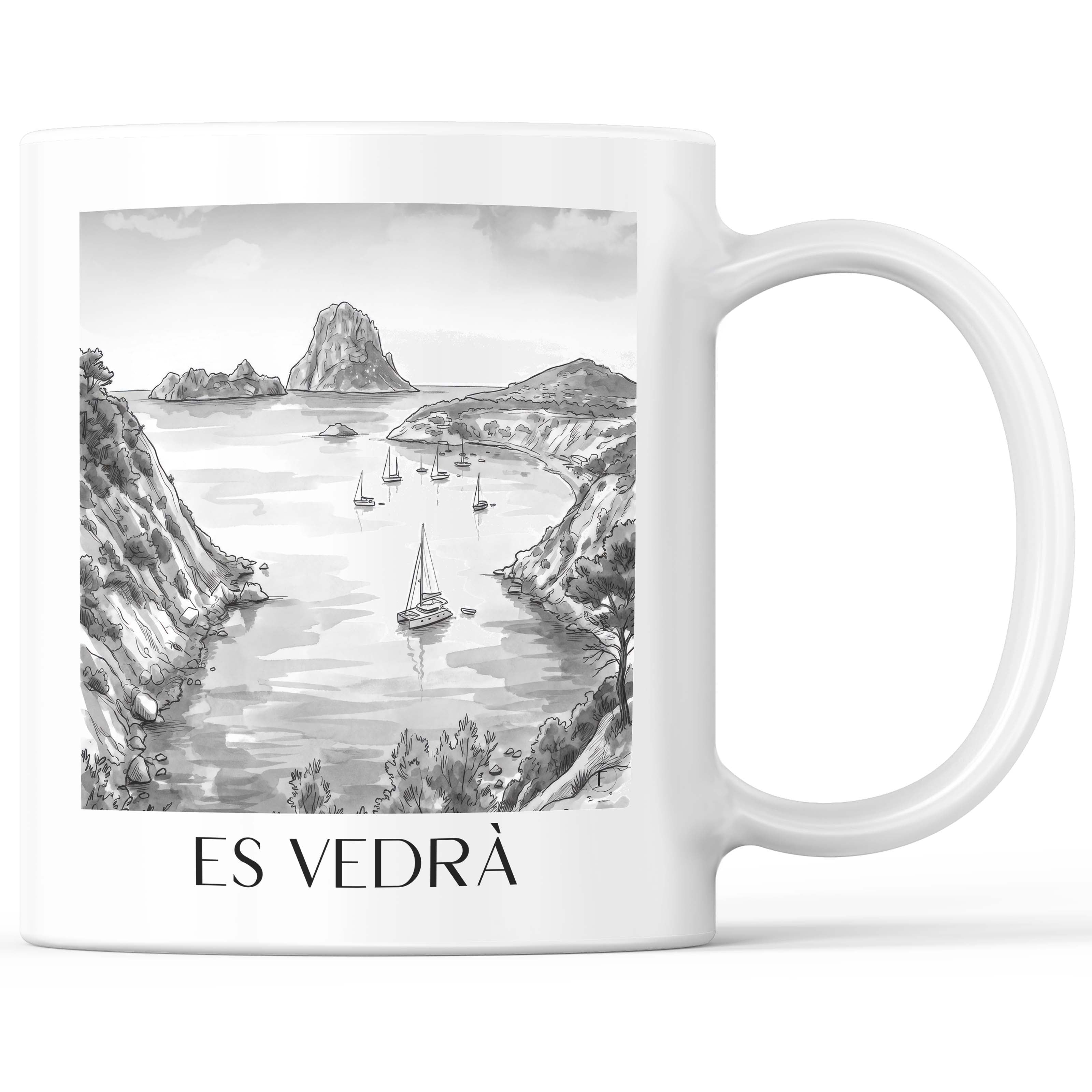 Es Vedrà Kaffeebecher - Ibiza - Spanien Becher - Kaffeetasse im Aquarell Schwarz-Weiß Stil - favplace
