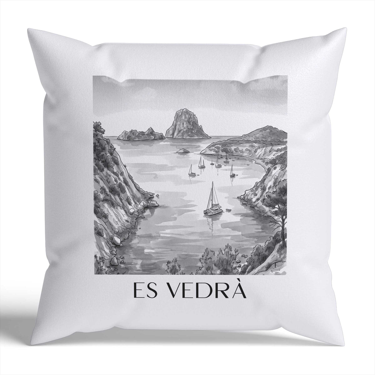 Es Vedrà Kissenhülle - Zierkissen Bezug - Ibiza - Spanien Kissen bzw. Kissenbezug im Aquarell Schwarz-Weiß Stil - favplace
