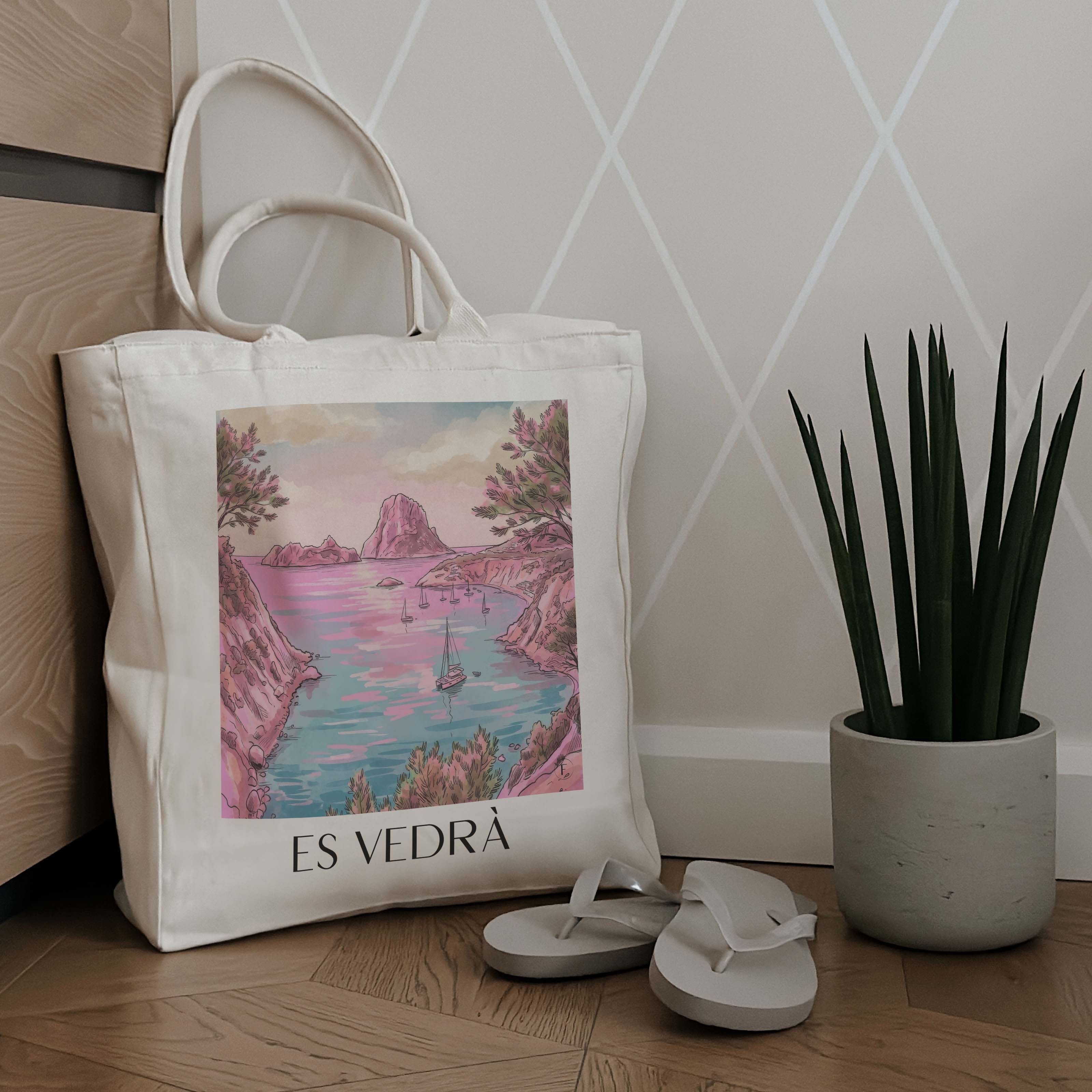es-vedrà-ibiza-spanien-einkaufstasche-aquarell-pink-rosa