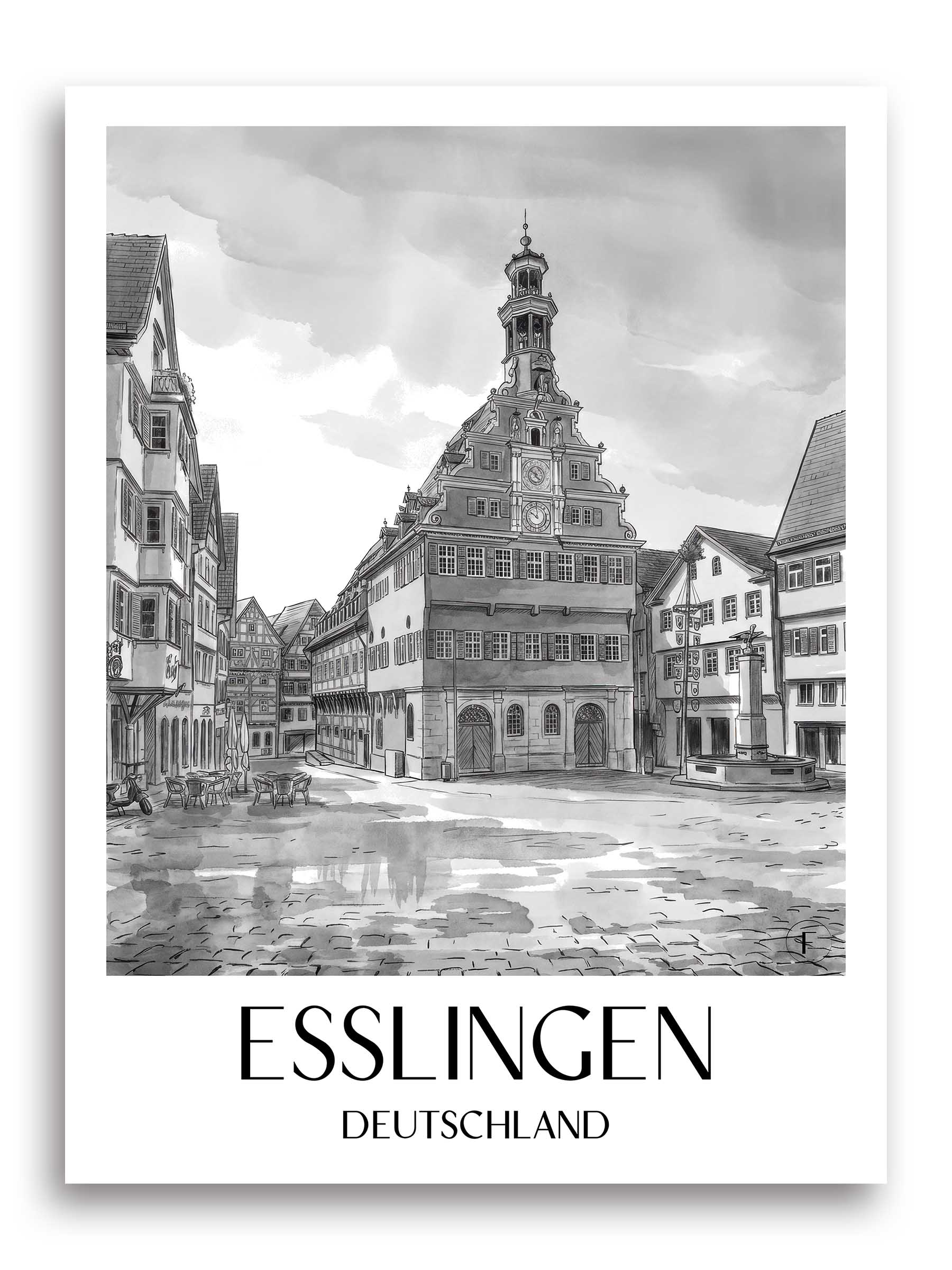 esslingen-deutschland-poster-aquarell-schwarz-weiss
