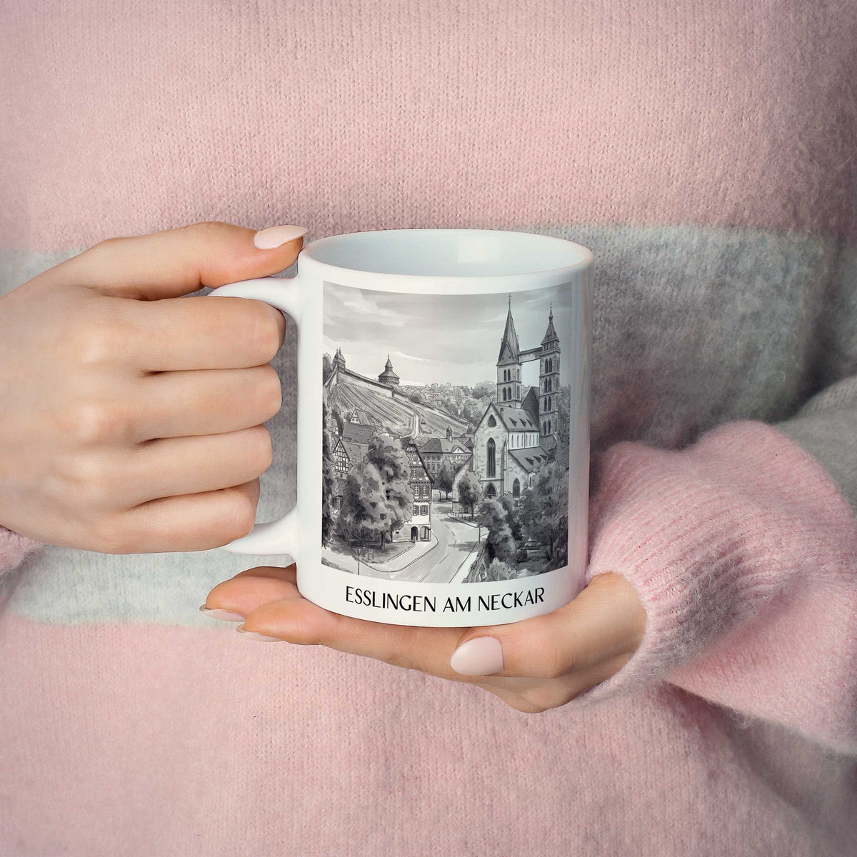 esslingen-am-neckar-neckartal-deutschland-kaffeebecher-aquarell-schwarz-weiss