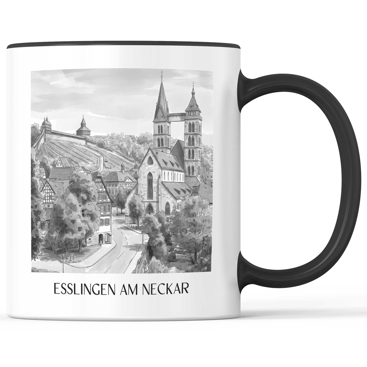Esslingen am Neckar Kaffeebecher - Neckartal - Deutschland Becher - Kaffeetasse im Aquarell Schwarz-Weiß Stil - favplace