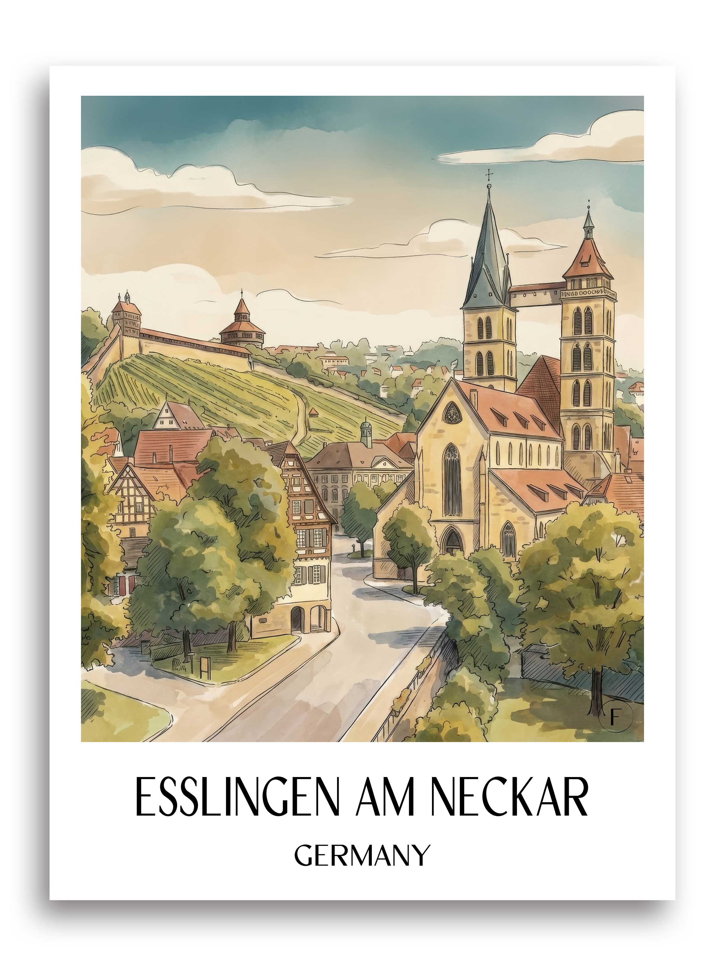 Esslingen am Neckar Poster - Neckartal - Deutschland Kunstdruck - Aquarell von A4 bis A1 - favplace