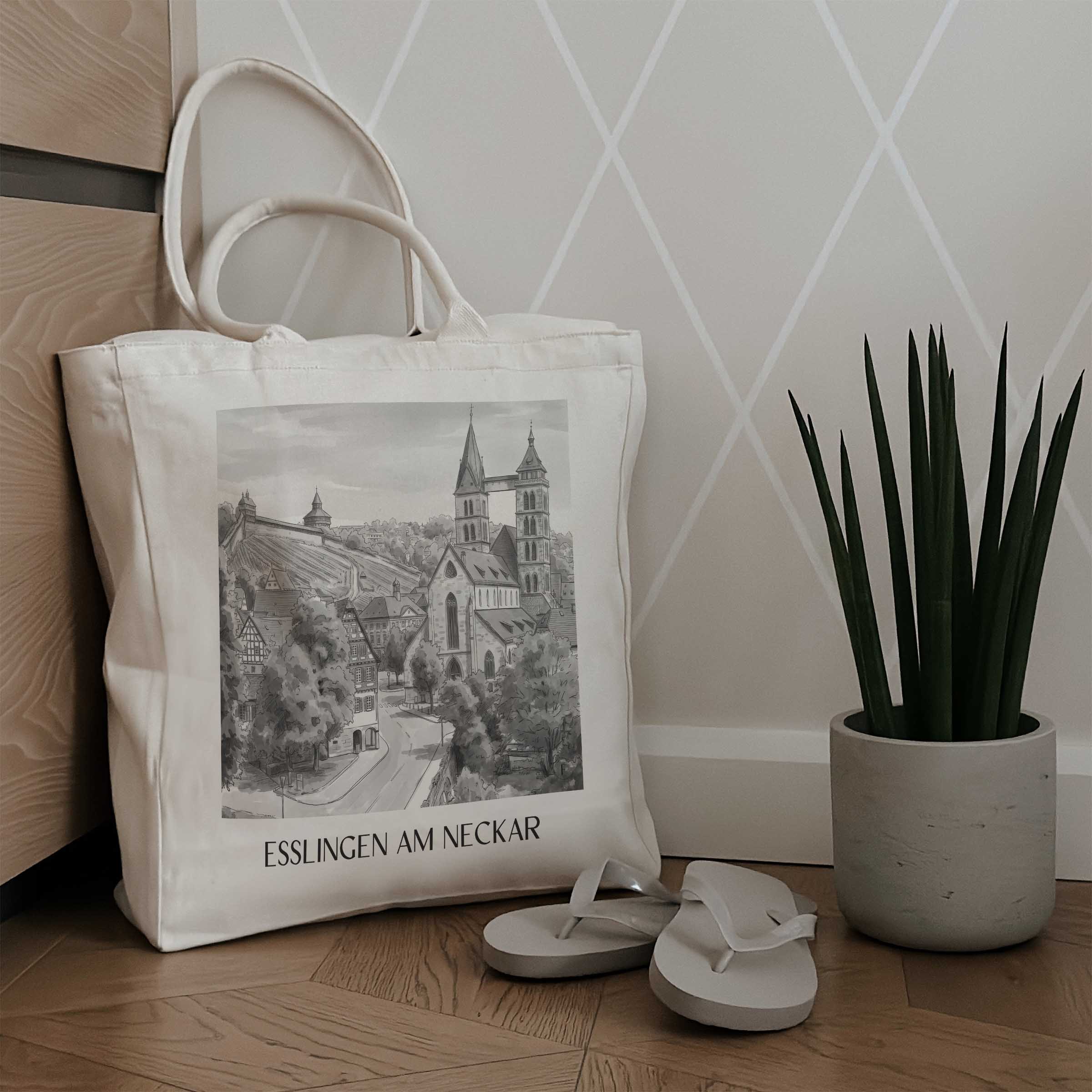esslingen-am-neckar-neckartal-deutschland-einkaufstasche-aquarell-schwarz-weiss