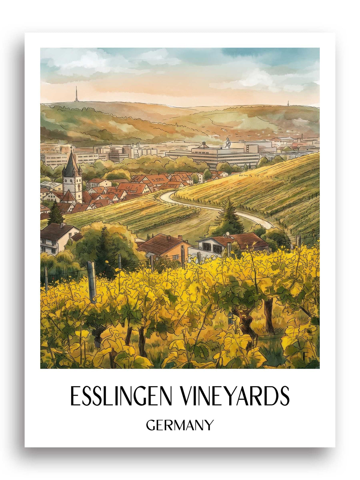 Esslinger Weinberge Poster - Württemberg - Deutschland Kunstdruck - Aquarell von A4 bis A1 - favplace