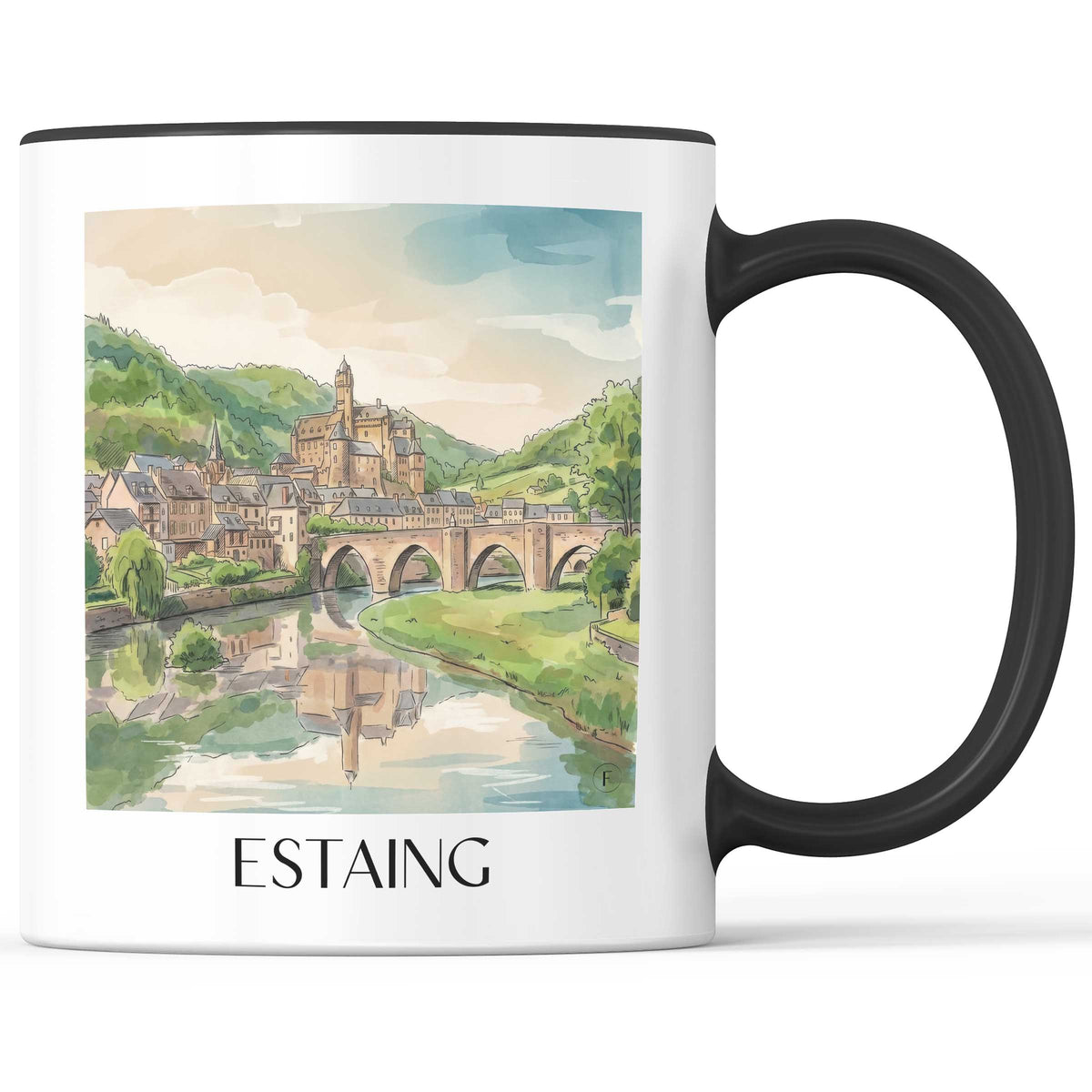 estaing-vallée-du-lot-frankreich-kaffeebecher-aquarell