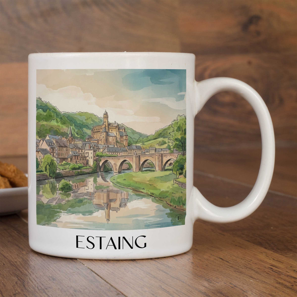 estaing-vallée-du-lot-frankreich-kaffeebecher-aquarell