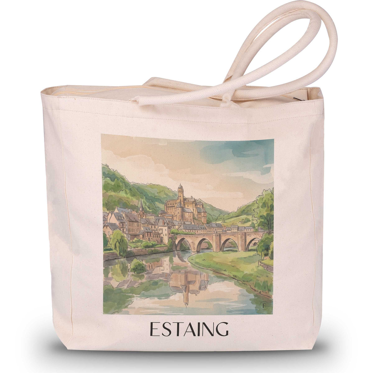 estaing-vallée-du-lot-frankreich-einkaufstasche-aquarell