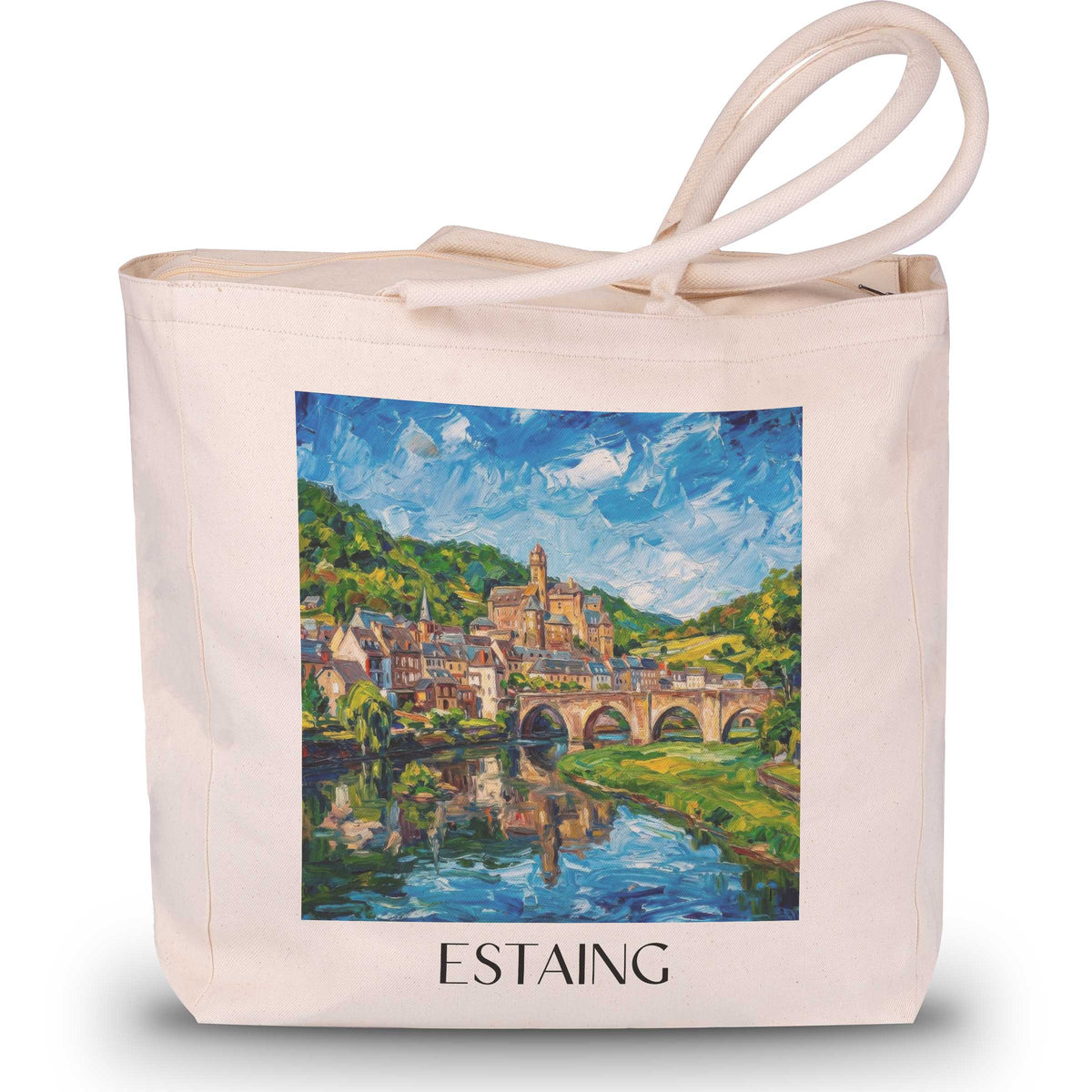 estaing-vallée-du-lot-frankreich-einkaufstasche-oil-painting-oelgemaelde