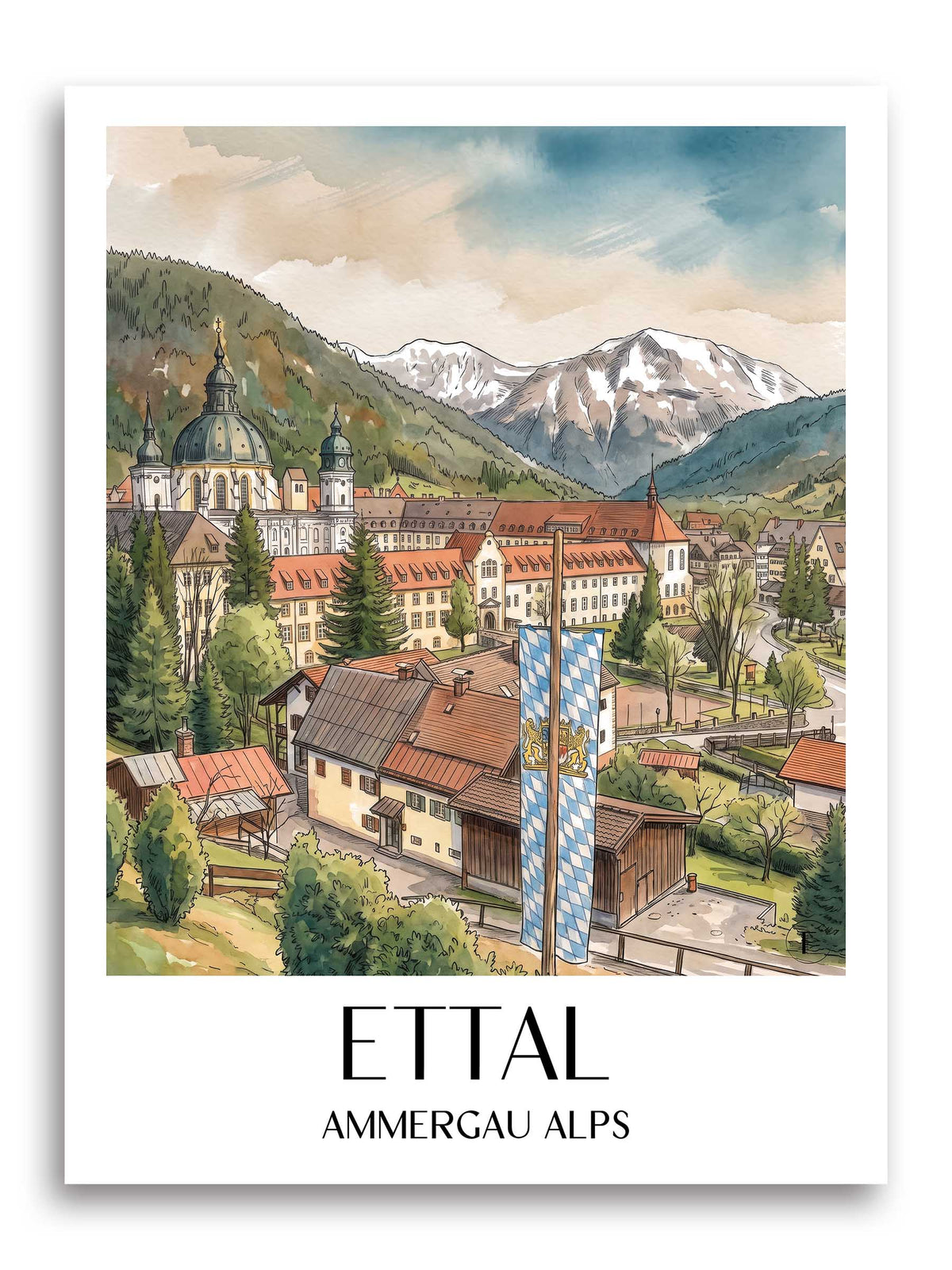 Ettal Poster - Ammergauer Alpen - Deutschland Kunstdruck - Aquarell von A4 bis A1 - favplace