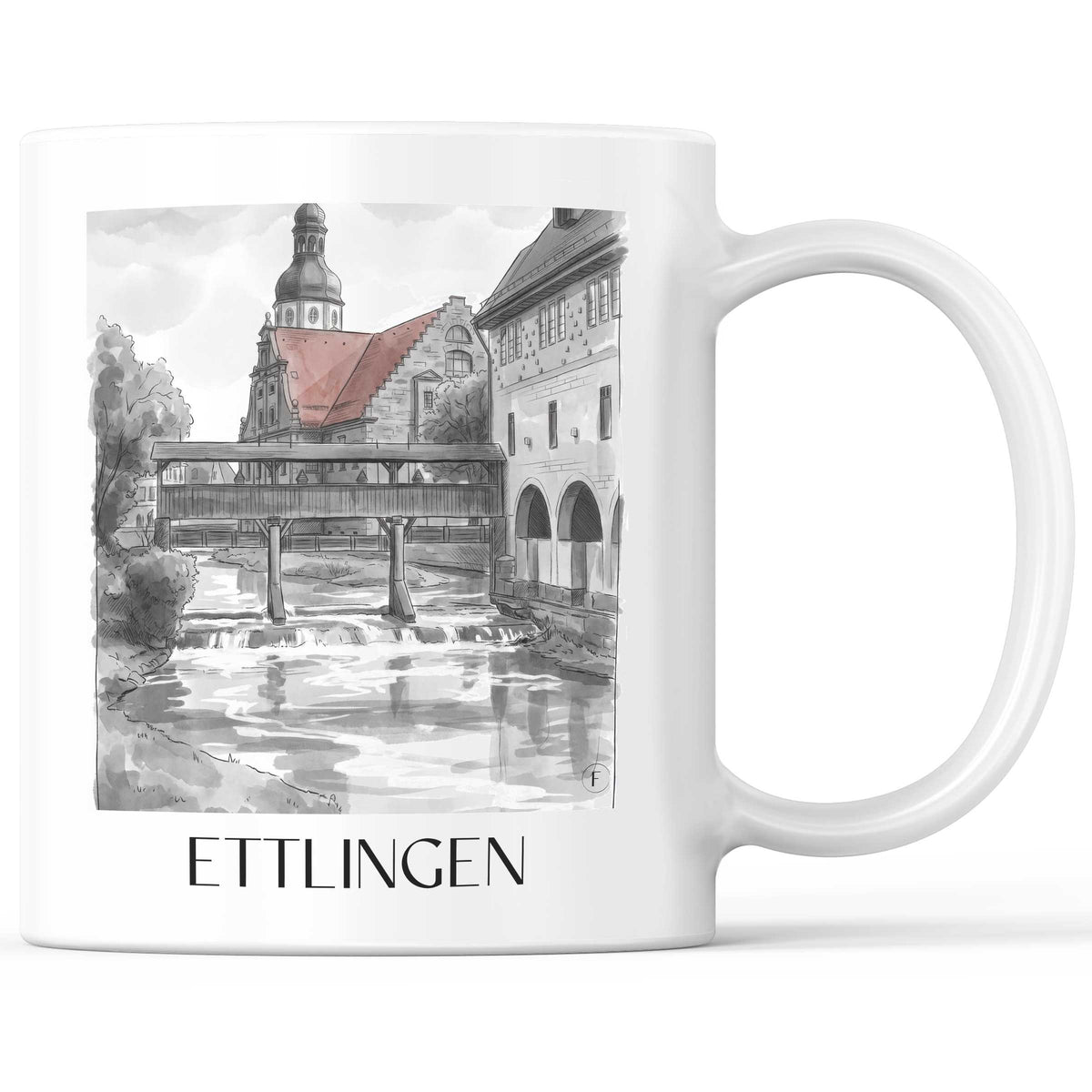 Ettlingen - Deutschland Becher - Kaffeetasse im Aquarell Schwarz-Weiß Stil - favplace