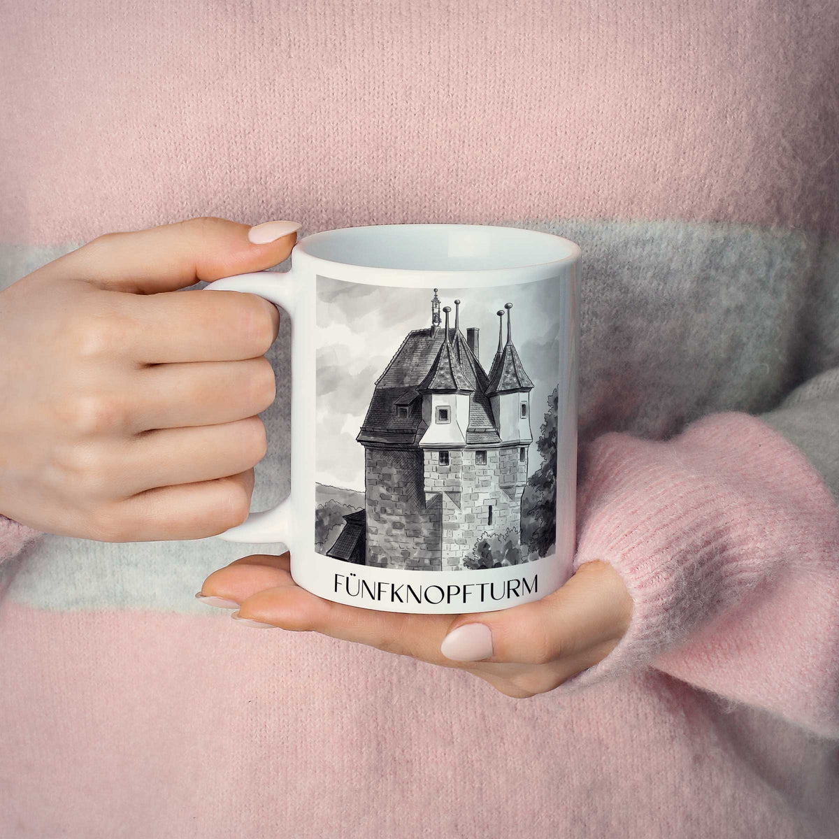 fünfknopfturm-schwäbisch-gmünd-deutschland-kaffeebecher-aquarell-schwarz-weiss