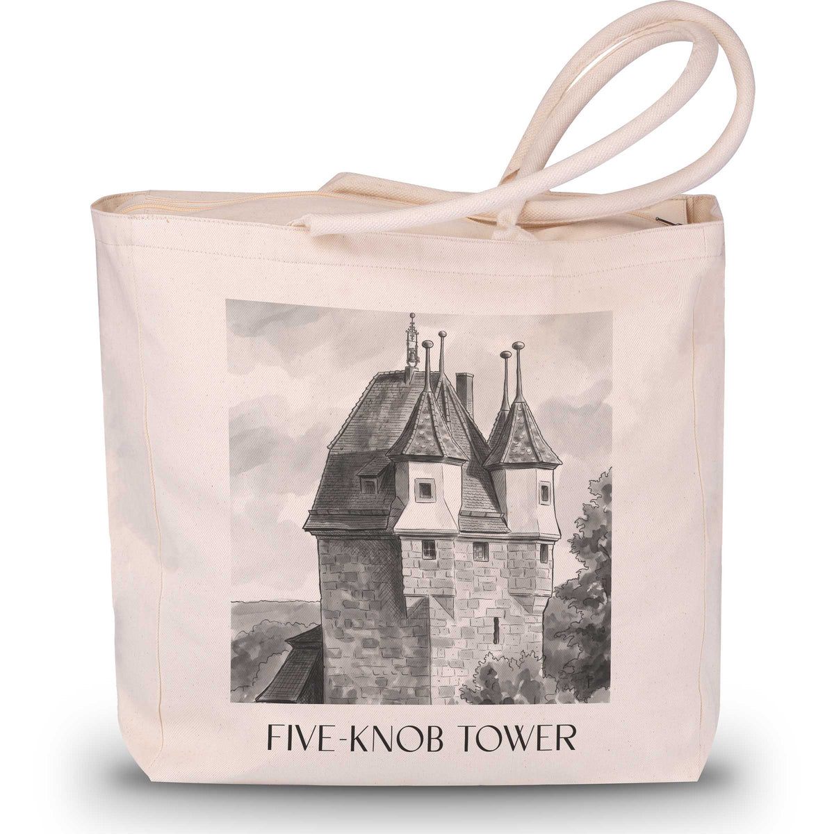 Fünfknopfturm Shopping Tasche - Schwäbisch Gmünd - Deutschland Tote Bag - Einkaufstasche im Aquarell Schwarz-Weiß Stil - favplace