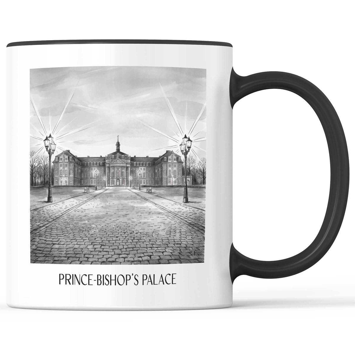 Fürstbischöfliches Schloss Kaffeebecher - Münster - Deutschland Becher - Kaffeetasse im Aquarell Schwarz-Weiß Stil - favplace