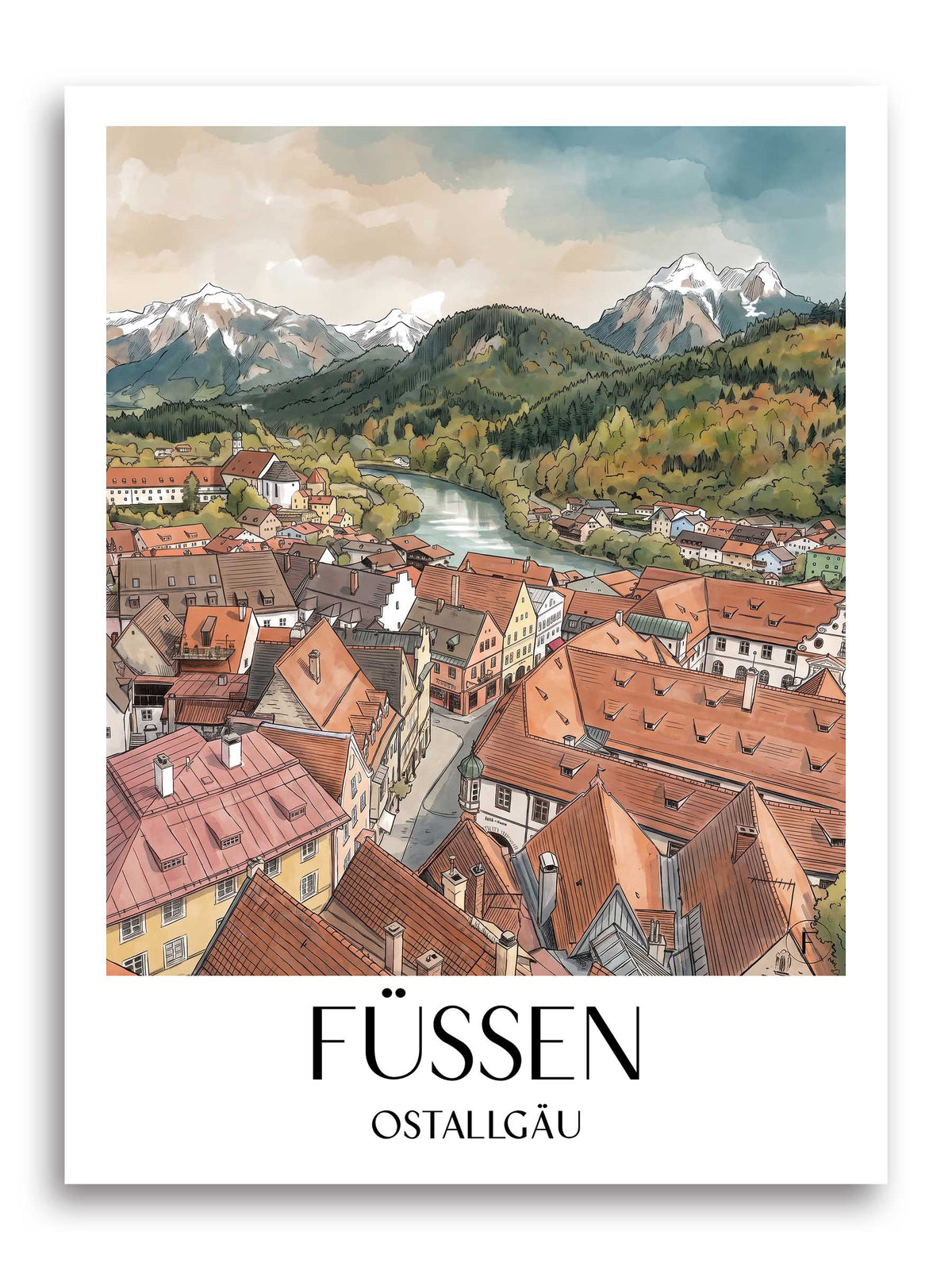 füssen-ostallgäu-deutschland-poster-aquarell