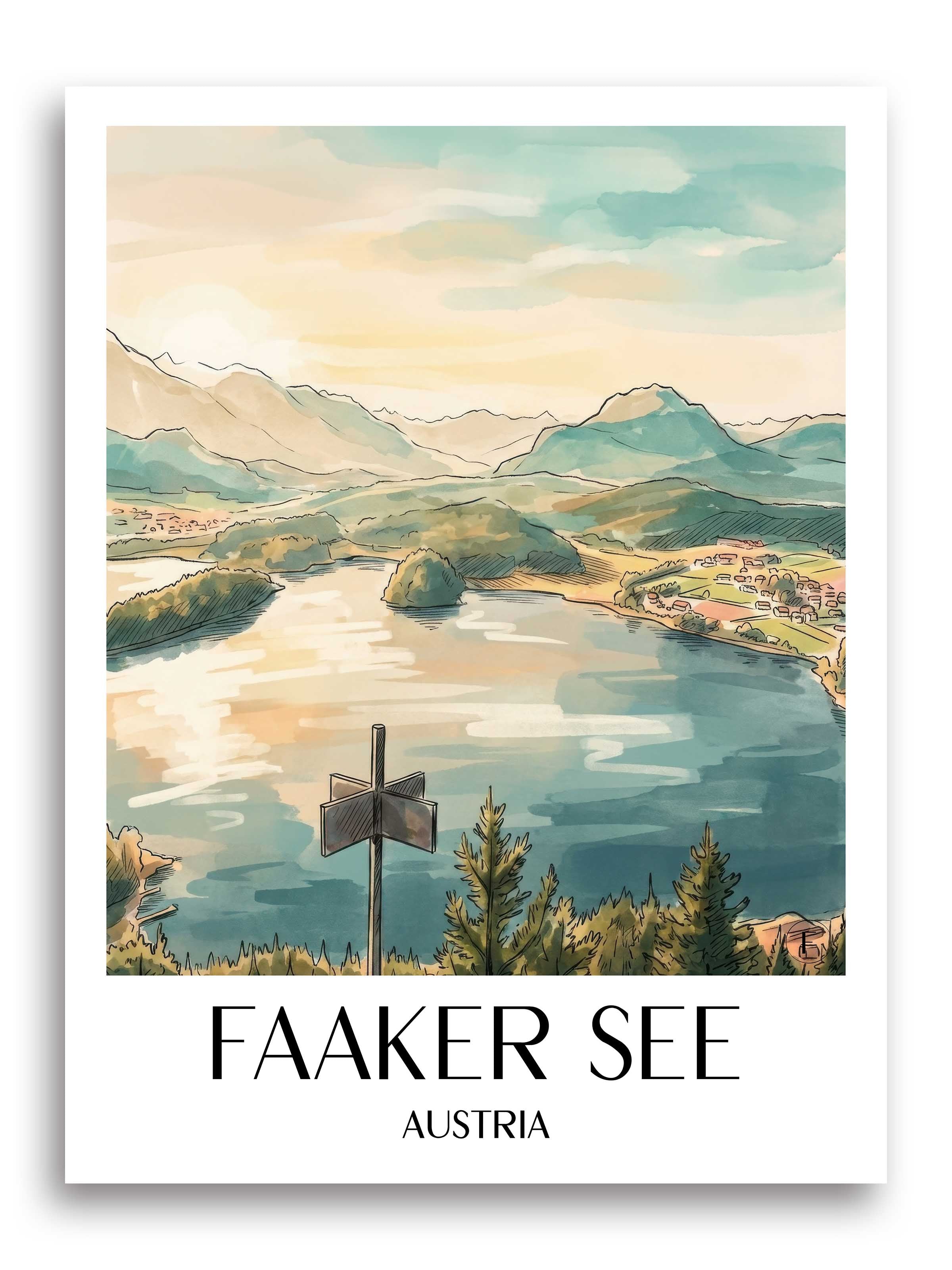 Faaker See Poster - Kärnten - Österreich Kunstdruck - Aquarell von A4 bis A1 - favplace