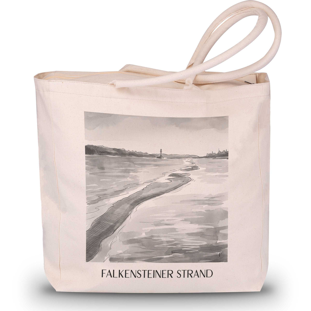 Falkensteiner Strand Shopping Tasche - Kiel - Deutschland Tote Bag - Einkaufstasche im Aquarell Schwarz-Weiß Stil - favplace
