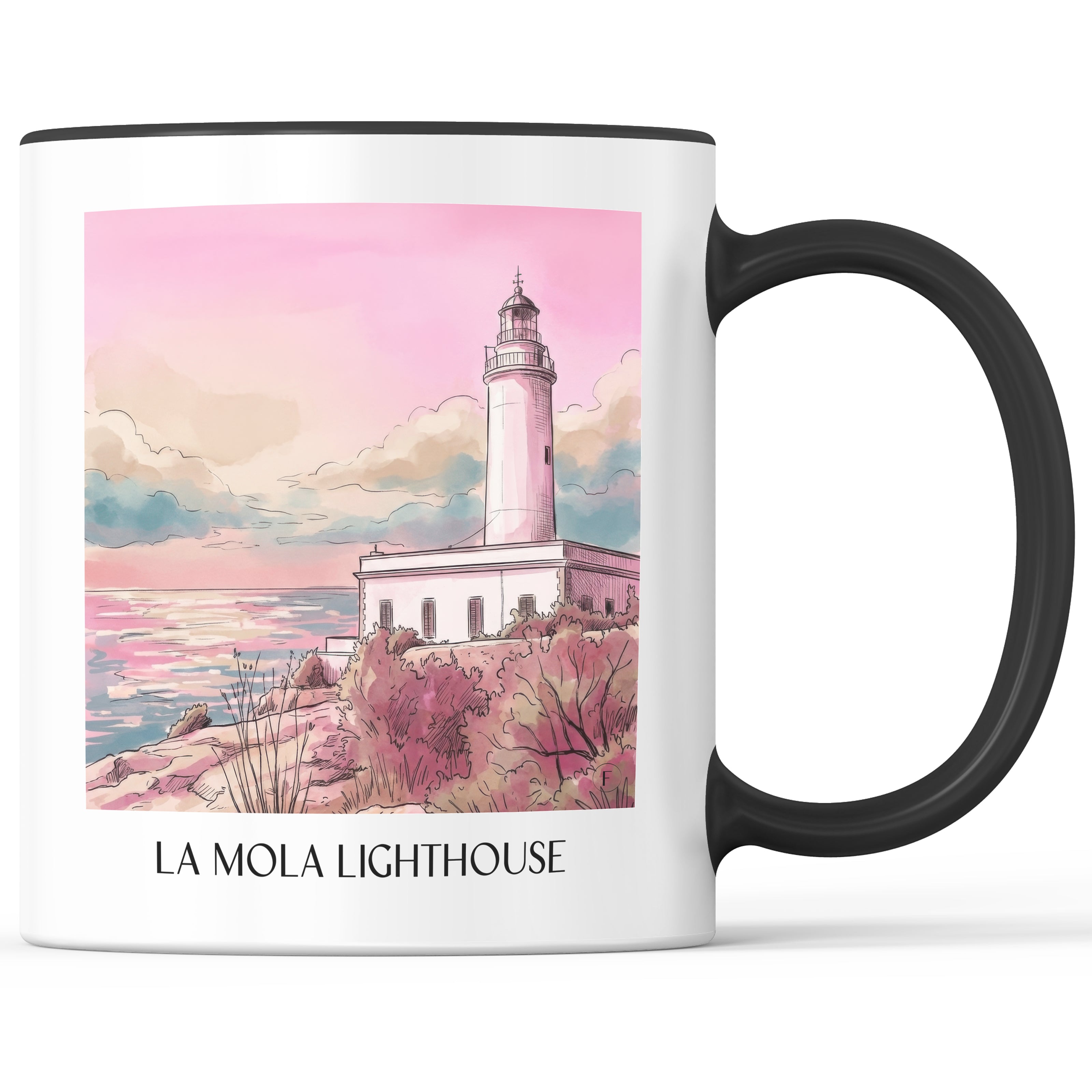 Far de la Mola Kaffeebecher - Formentera - Spanien Becher - Kaffeetasse im Aquarell Pink Stil - favplace