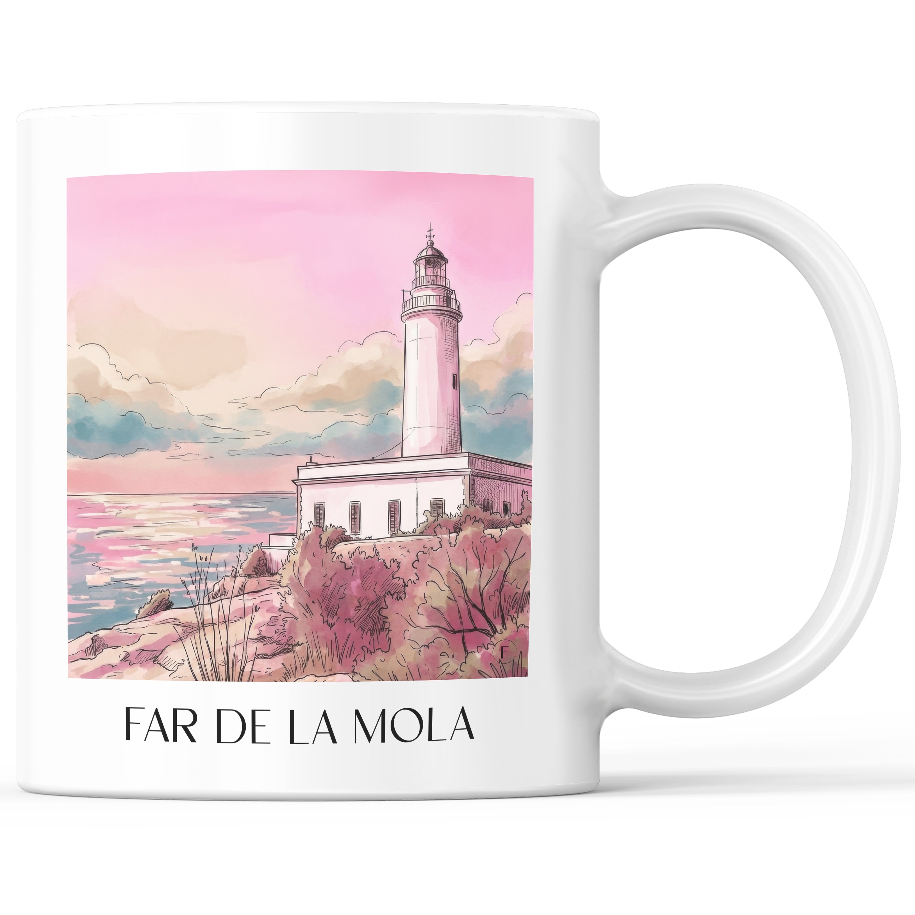Far de la Mola Kaffeebecher - Formentera - Spanien Becher - Kaffeetasse im Aquarell Pink Stil - favplace