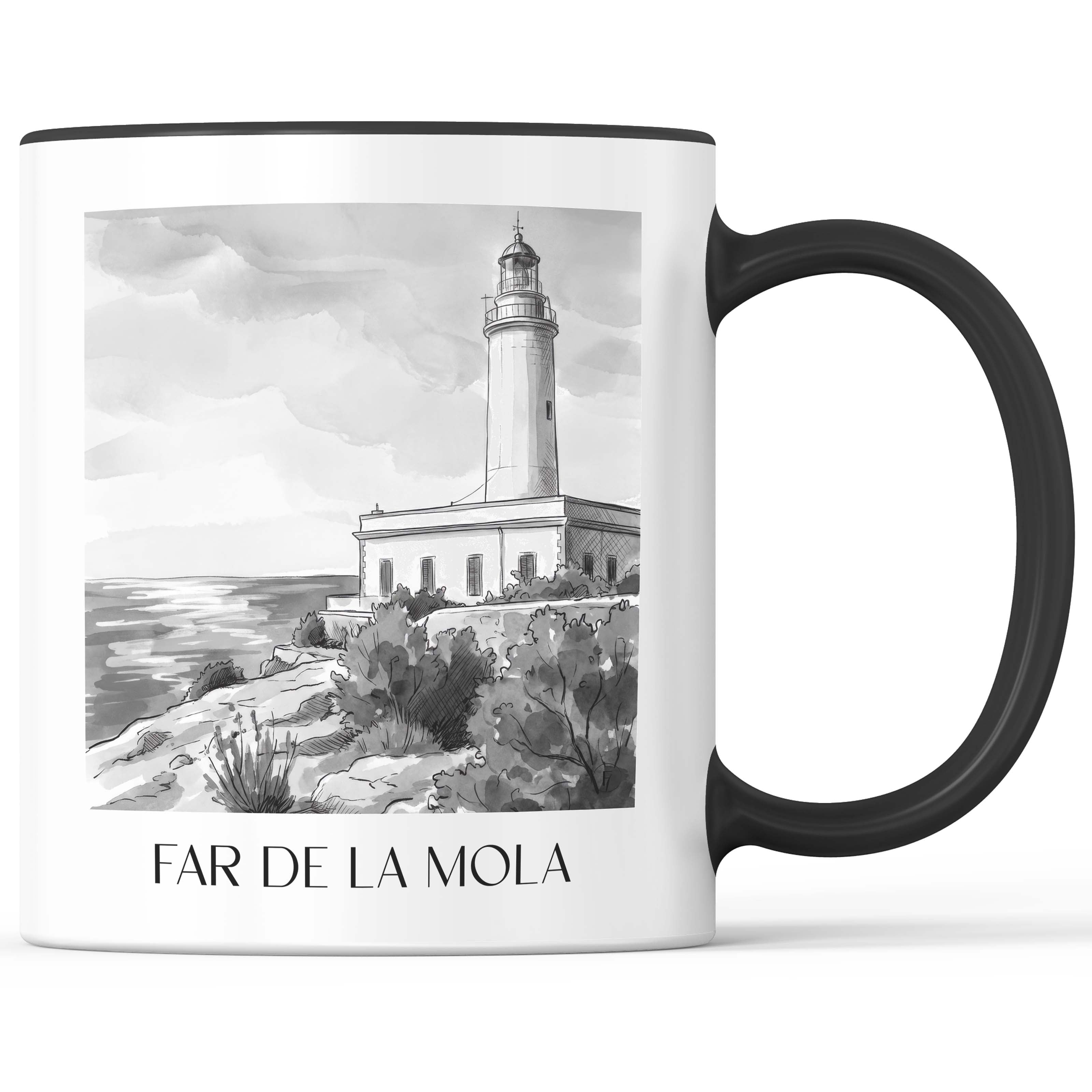 far-de-la-mola-formentera-spanien-kaffeebecher-aquarell-schwarz-weiss