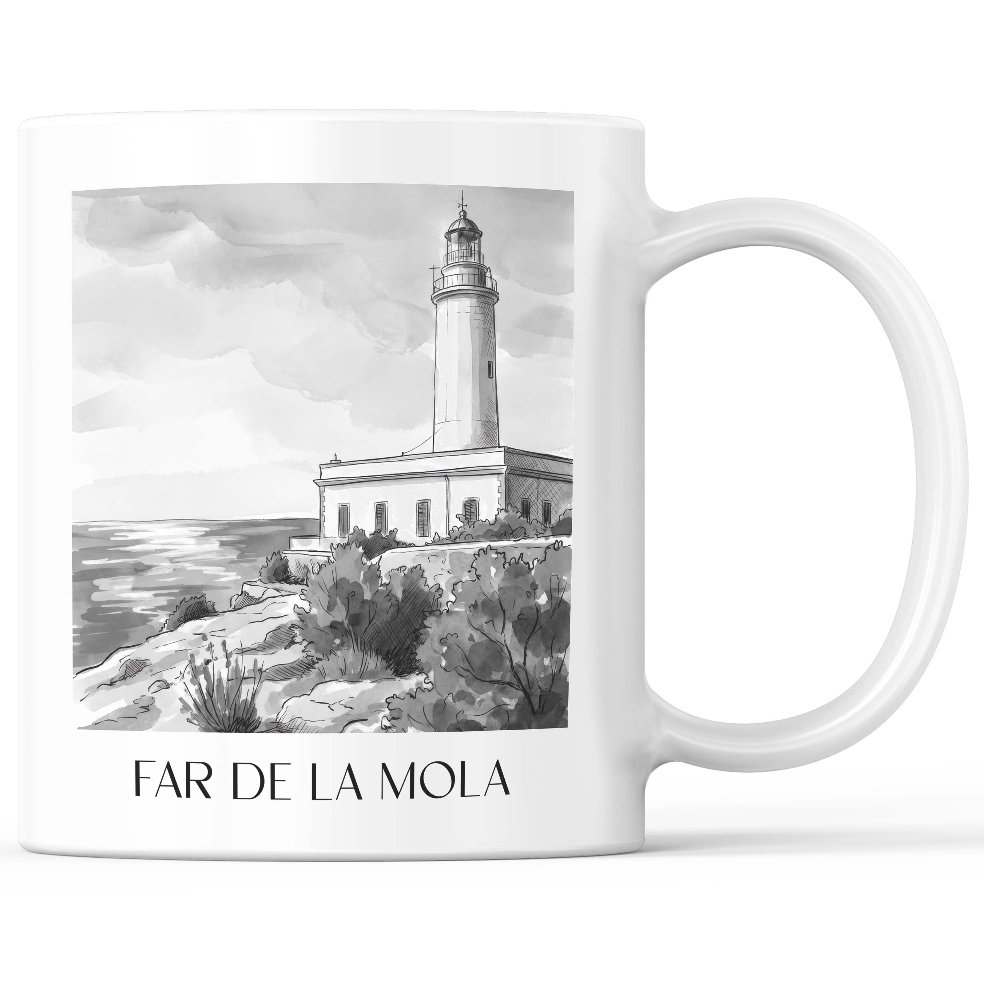 Far de la Mola Kaffeebecher - Formentera - Spanien Becher - Kaffeetasse im Aquarell Schwarz-Weiß Stil - favplace